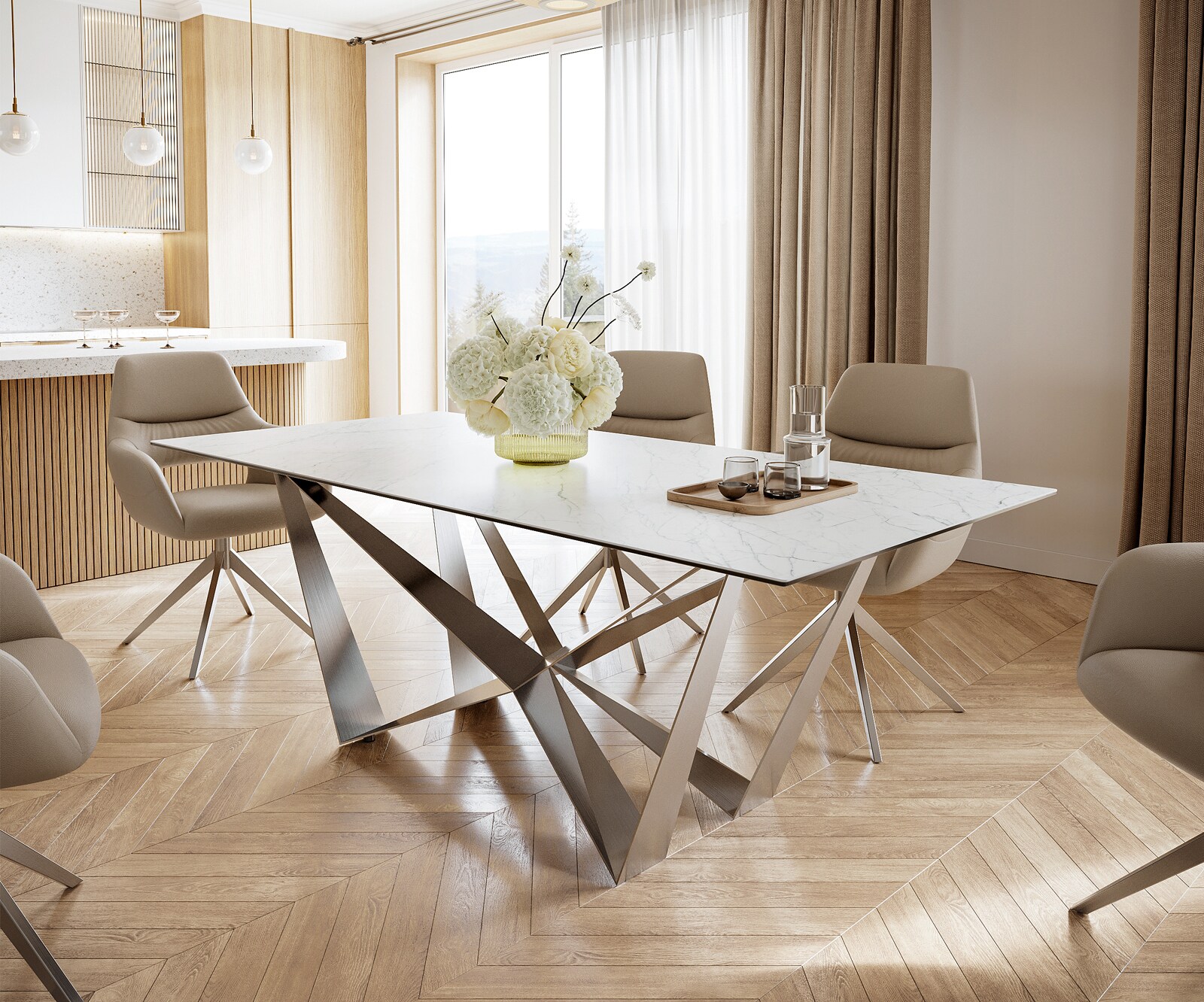 Eettafel Edge 200x100cm Laminam® keramiek wit middenpoot vlak staal zilver