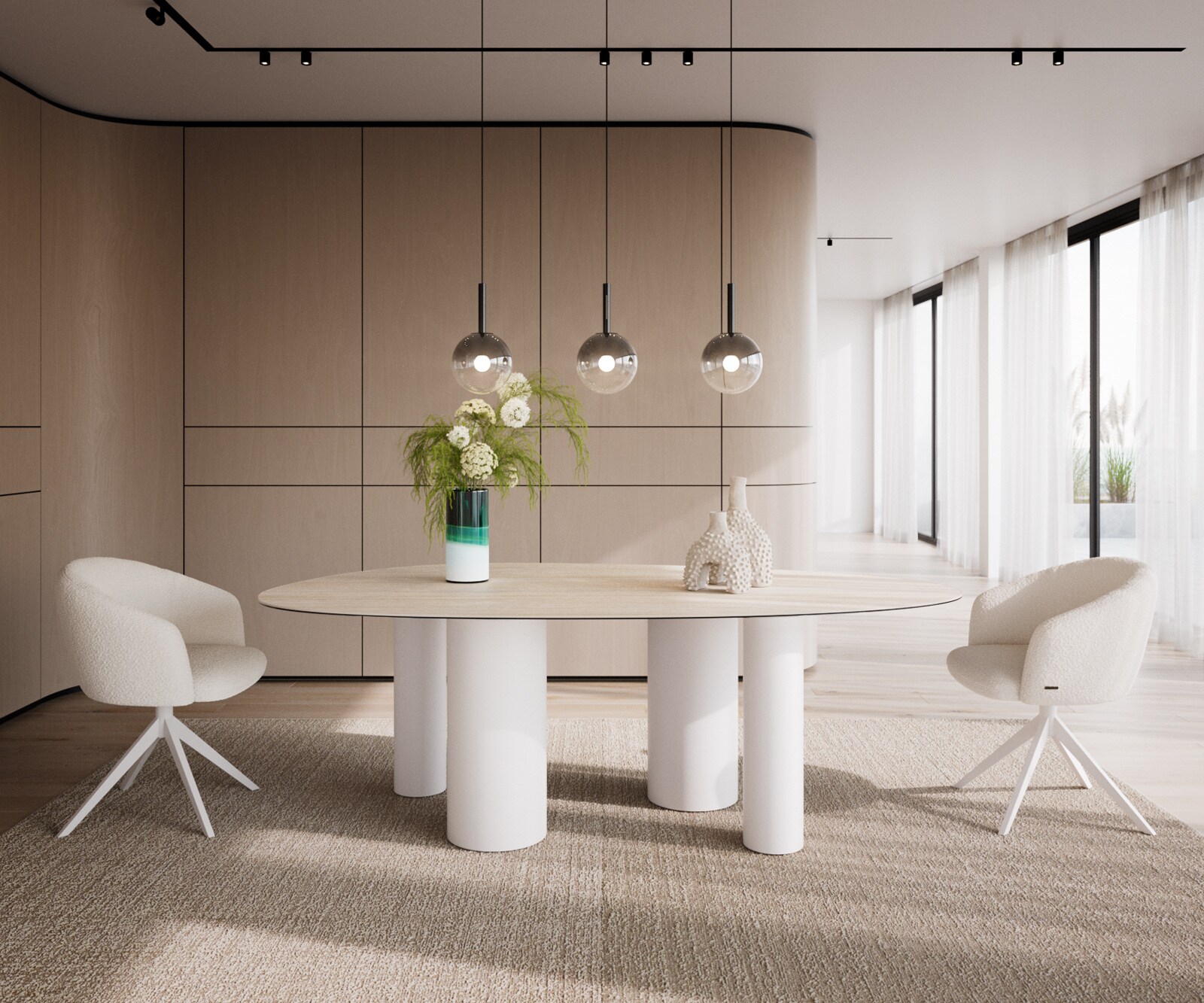 Eetkamertafel Edge ovaal 220x120 keramiek Laminam®Travertino Bianco Creme-wit ​Pilier metaal wit 1