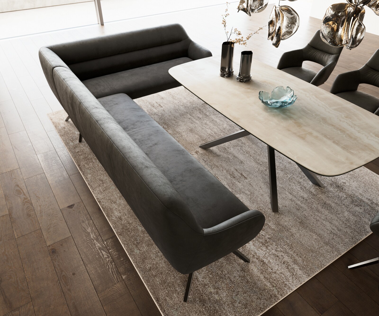 Eetkamerbank Taya-Flex 285x190 cm microvelours anthraciet vintage hoekig kruisframe grafiet pocketvering links 4