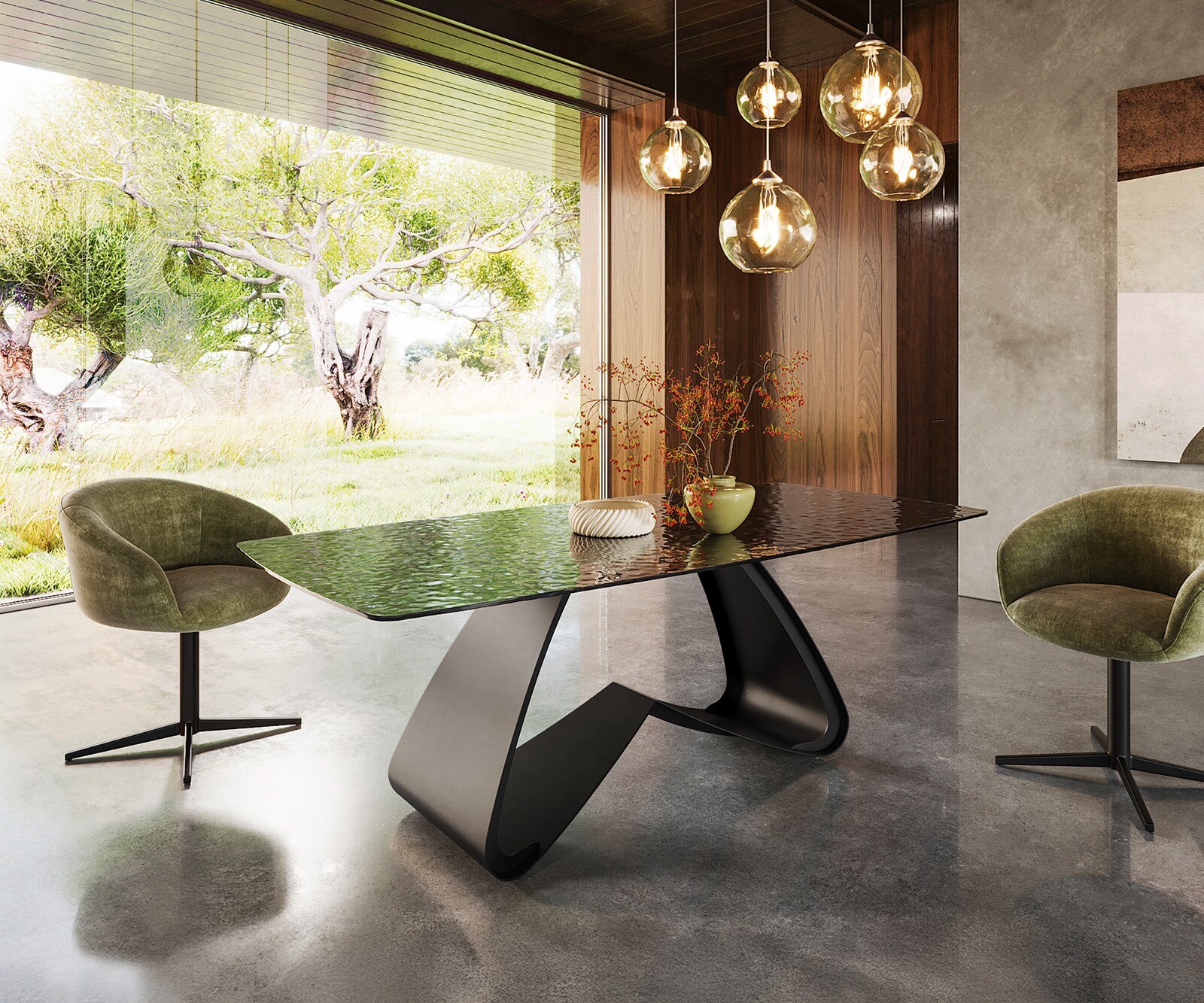 Eettafel Edge Boot 200x100 Reliefglas zwart 3D-Design W-frame metaal zwart 3