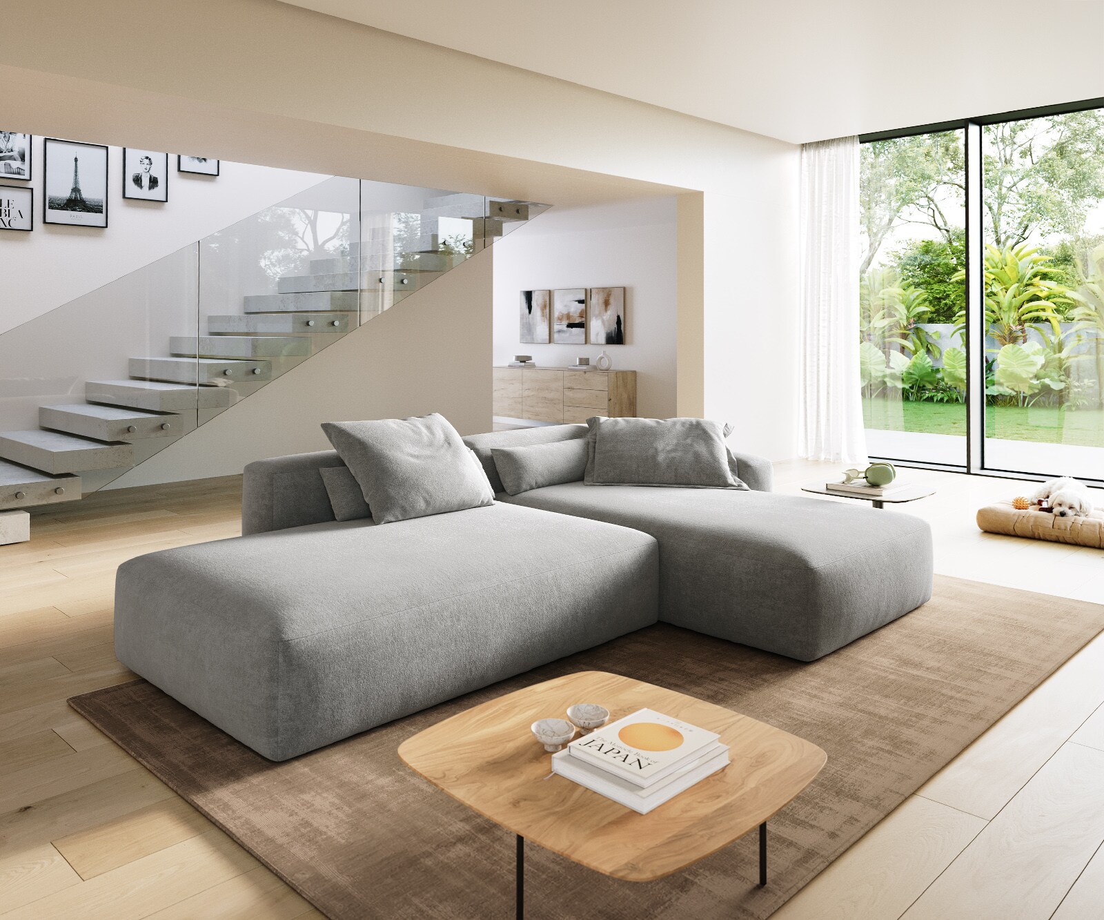 Hoekbank Freestyle 310x200 cm Zachte stof met structuur Grijs kapnaad 1