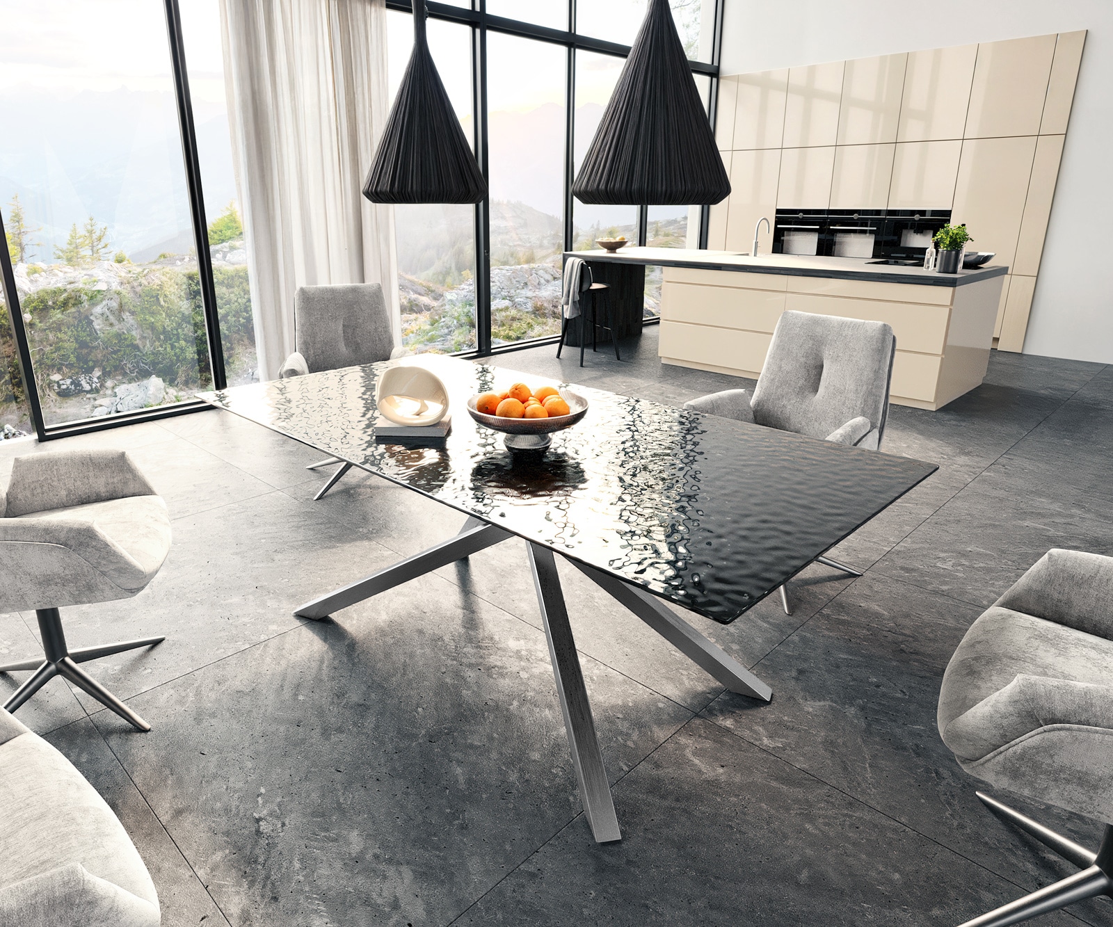 Eetkamertafel Edge 200x100 Glas smelten rokerig zwart 3D-Relief kruisframe rechthoek RVS 1