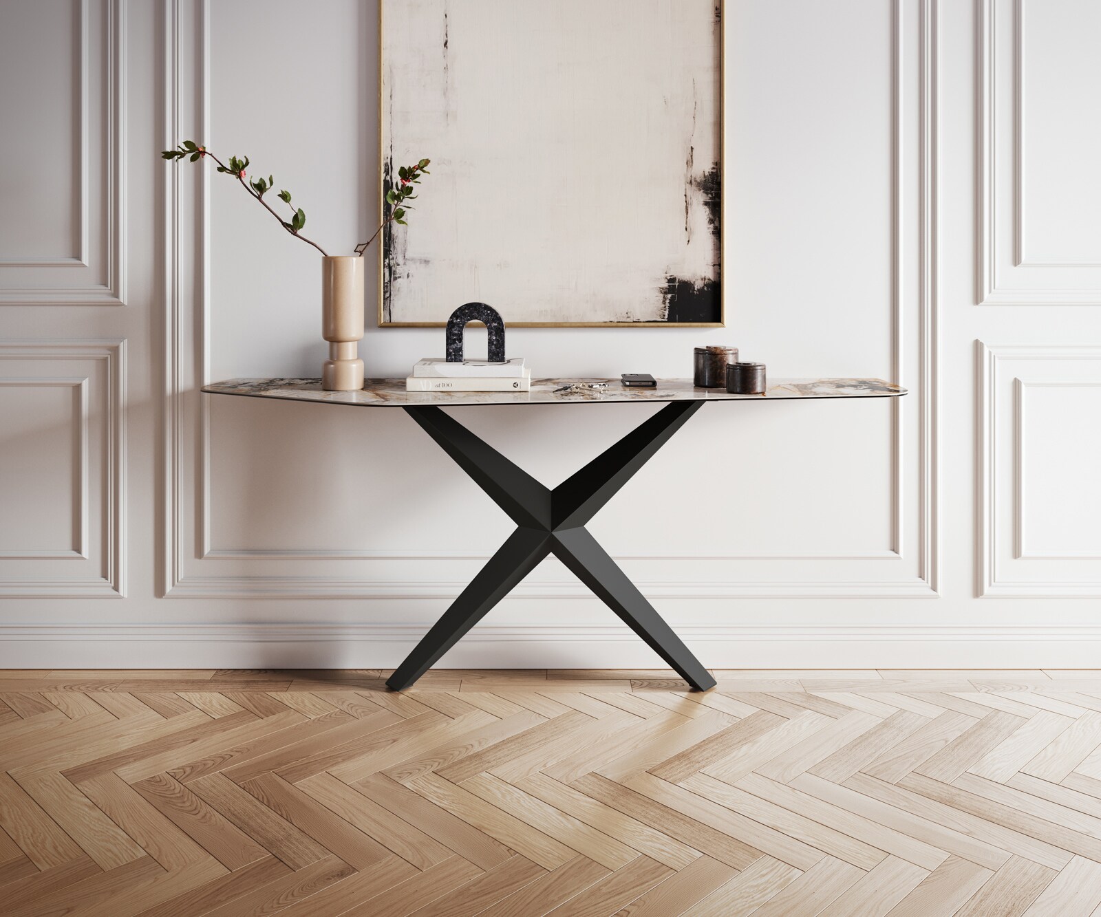 Consoletafel Edge Polygonaal 180x50 cm Keramiek Patagonia Poliert Zentharo Metaal Zwart 4