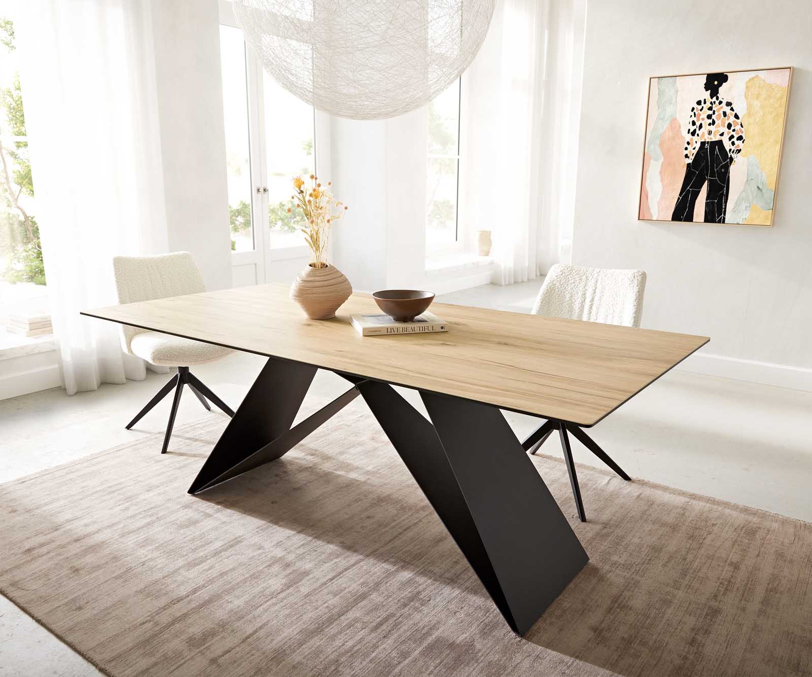 Eetkamertafel Edge 200x100 keramiek Laminam® Sabbia eiken kleur V-frame vlak staal zwart 2 Eetkamertafel Edge 200x100 keramiek Laminam® Sabbia eiken kleur V-frame vlak staal zwart 2