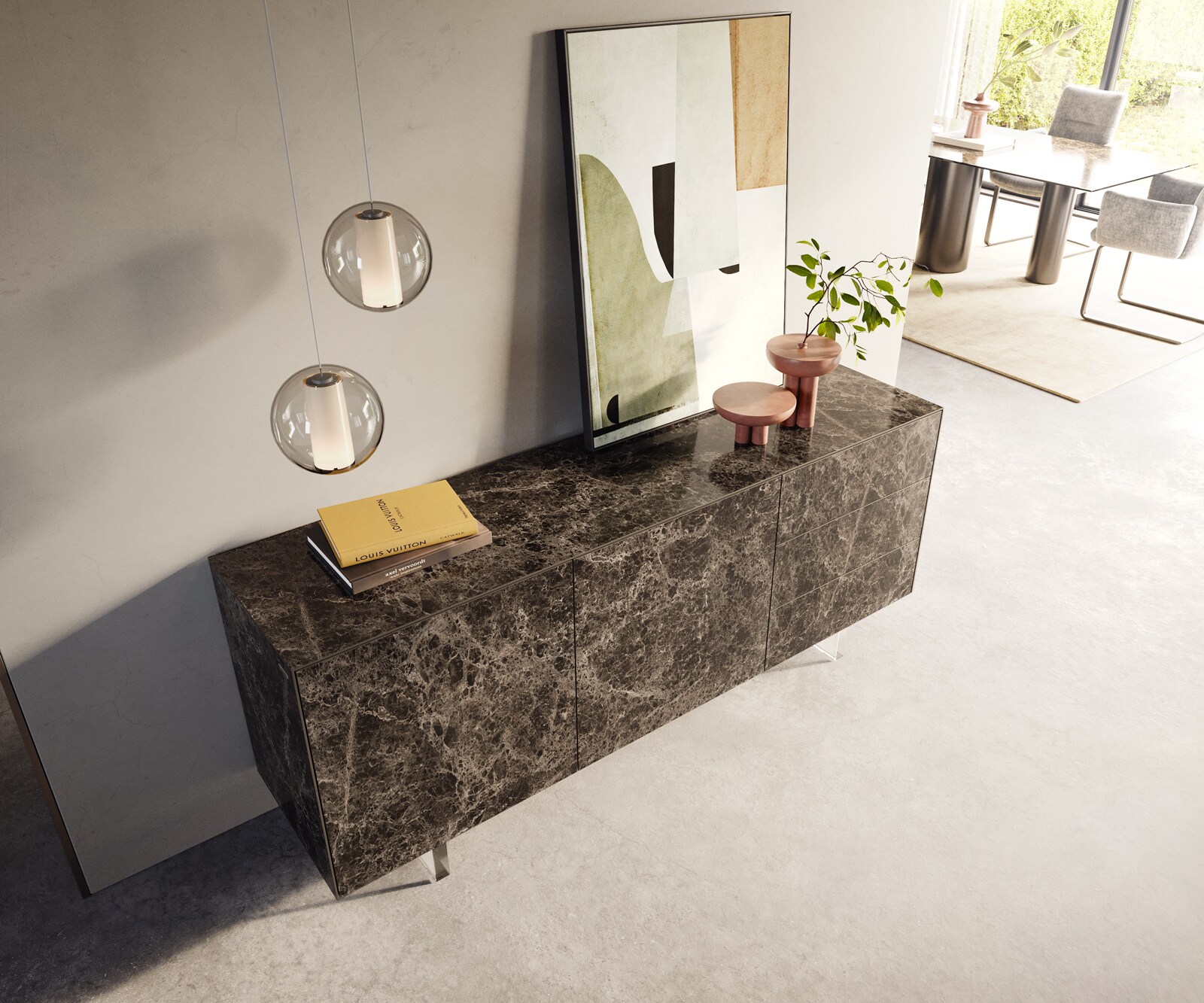 Dressoir Cuor 180 cm Keramiek Laminam® Emperador Extra Lucidato Donkerbruin 2 Deuren 3 Laden Zwevende voet look Acrylglas 3
