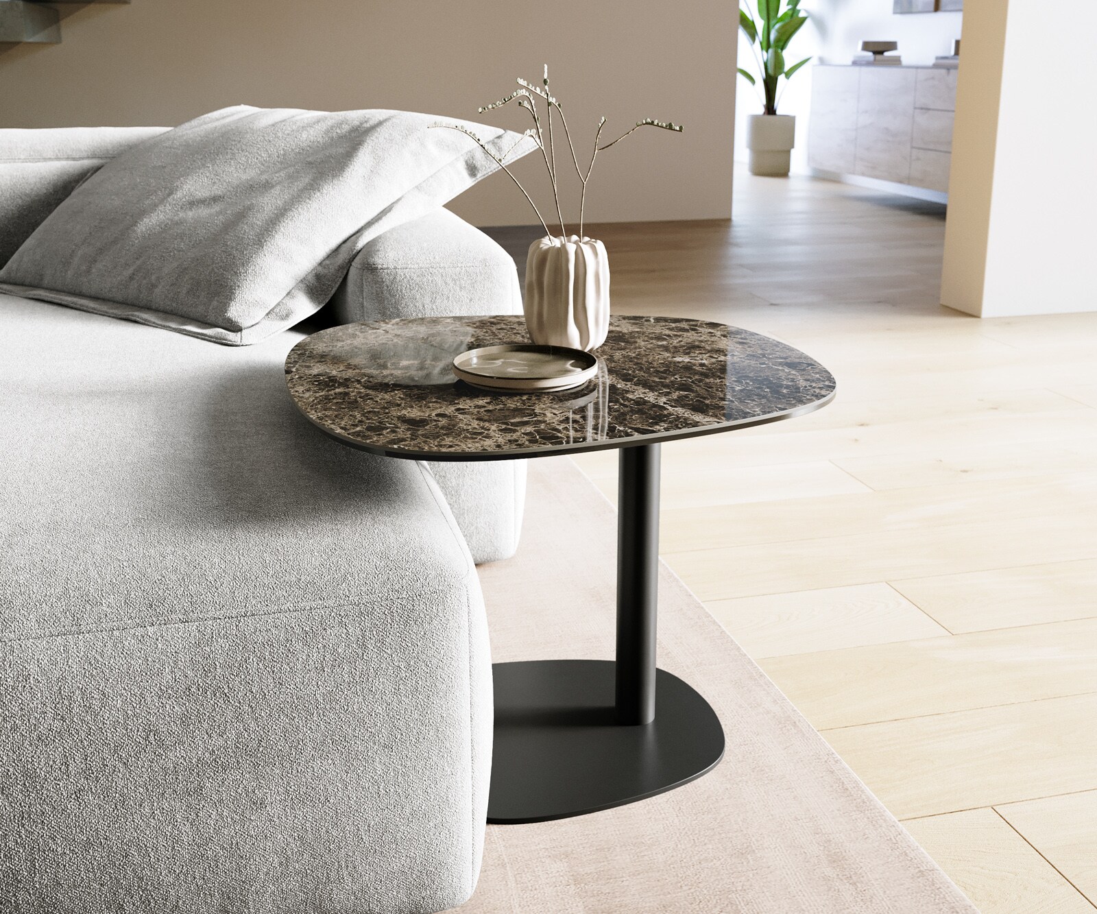 Bijzettafel Edge bootvorm 60x60 cm keramiek Emperador Extra Lucidato donkerbruin Eleny metaal zwart 1