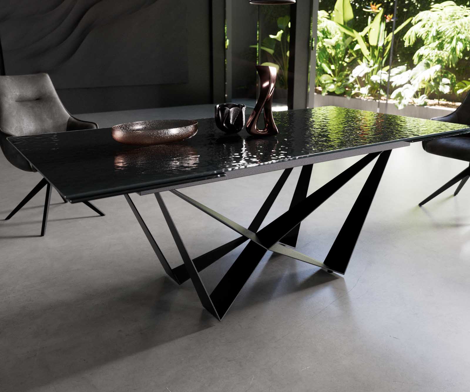 Eetkamertafel Edge 200-300x100 Glas smelten rokerig zwart 3D-Relief spider vlak staal zwart uitschuifbaar 5
