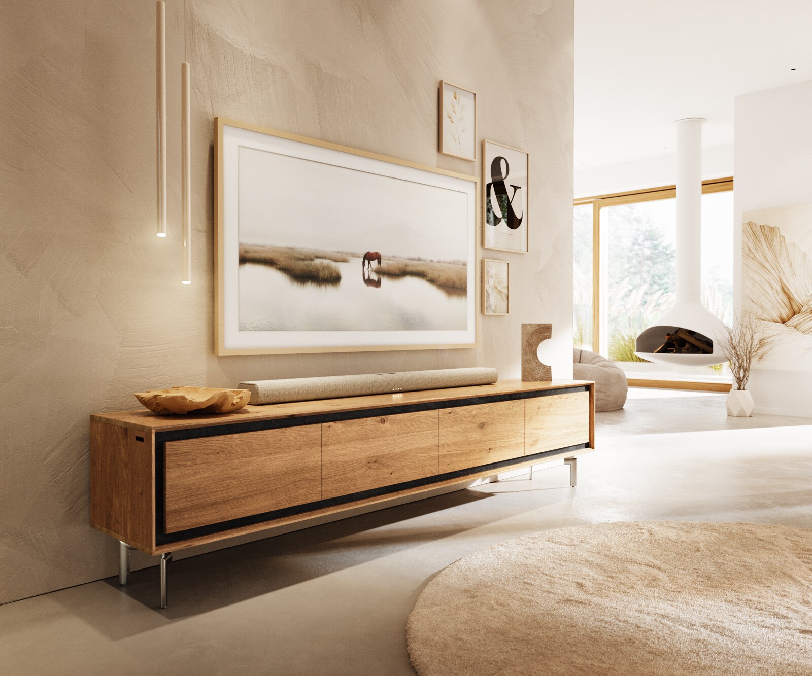 TV-meubel Stonegrace 200 cm eiken natuur 4 deuren poot ovaal RVS geborsteld