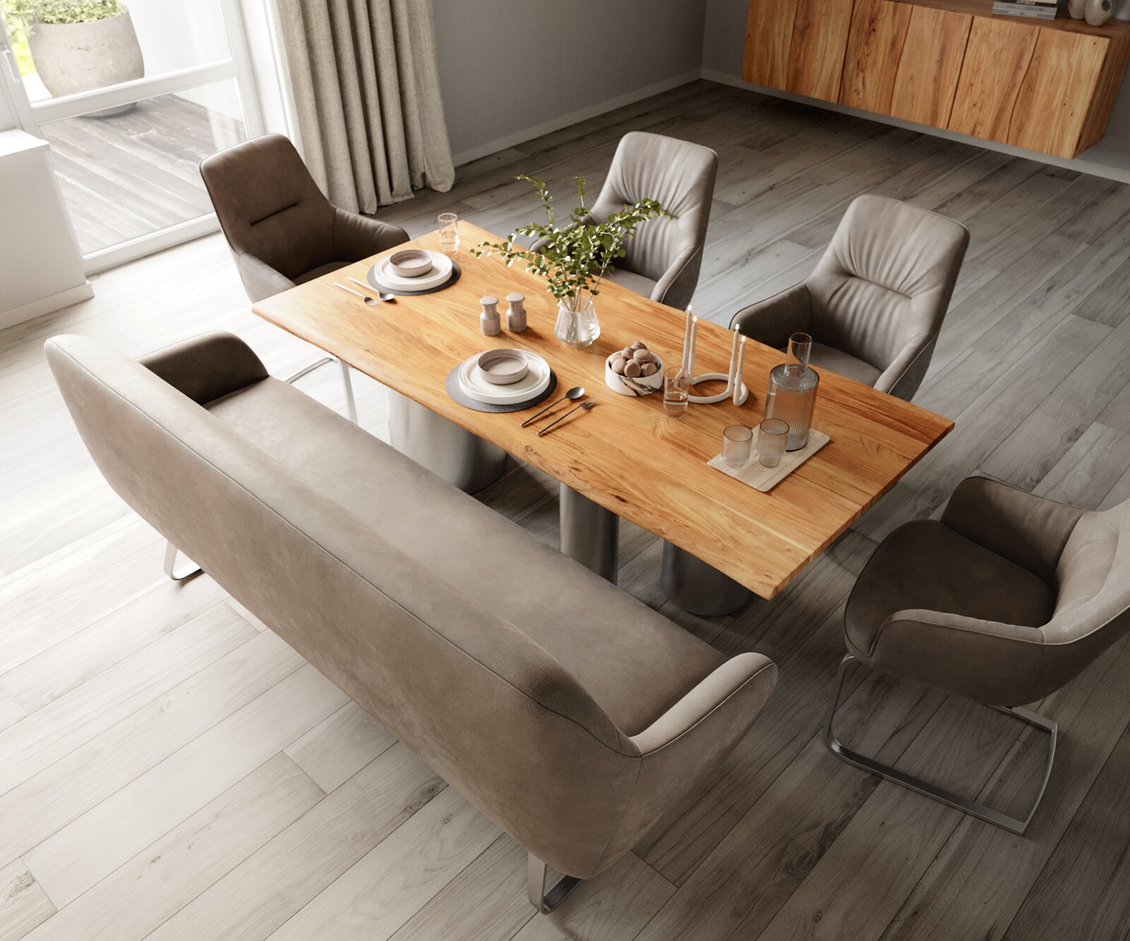 Eetkamerbank Taya-Flex 200 cm microvelours taupe vintage platte sledebasis roestvrij staal pocketvering 3