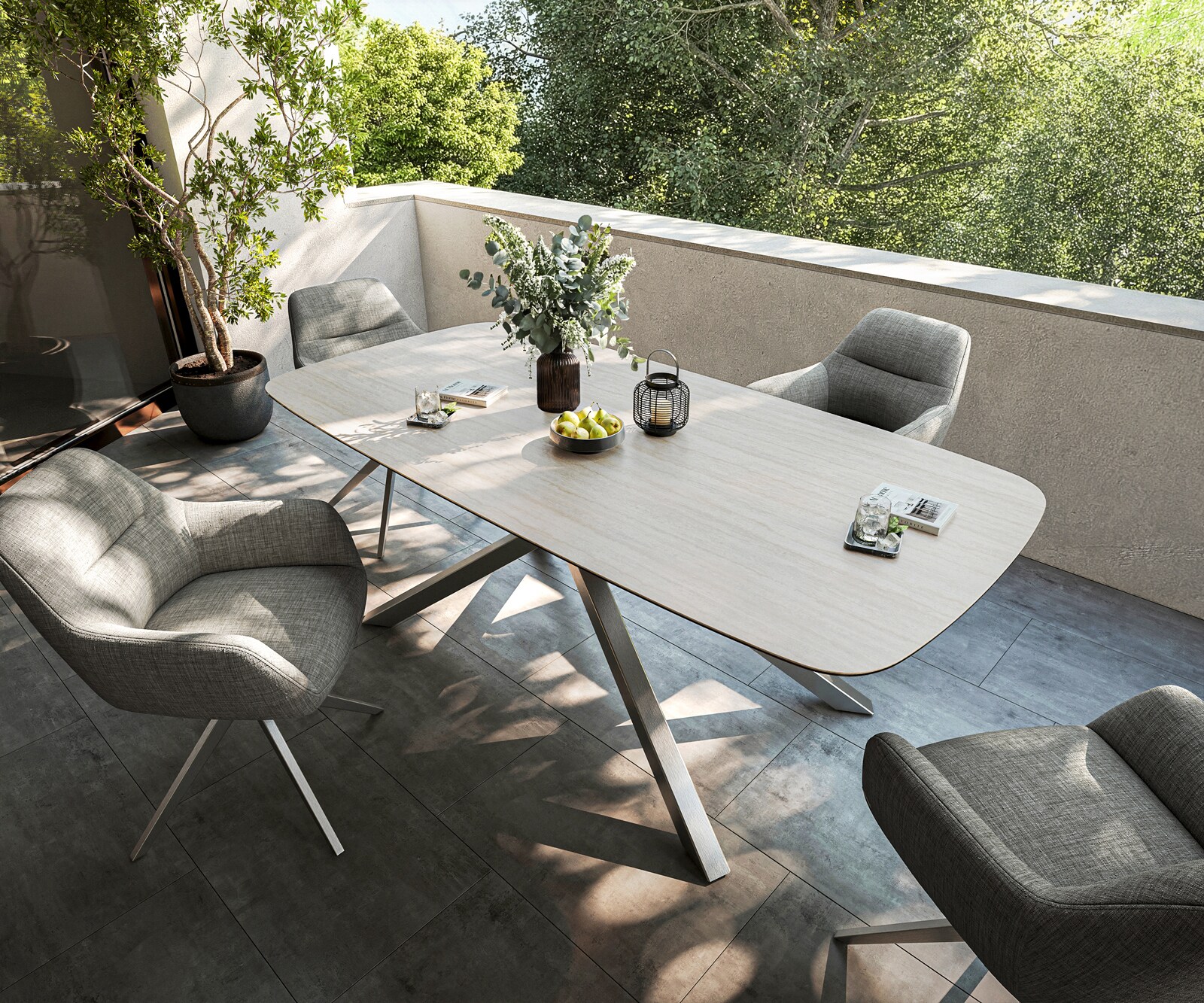 Outdoortafel Edge Boot 200x100 cm keramiek Laminam® Travertino Bianco crème-wit kruispoot rechthoekig roestvrij staal 4