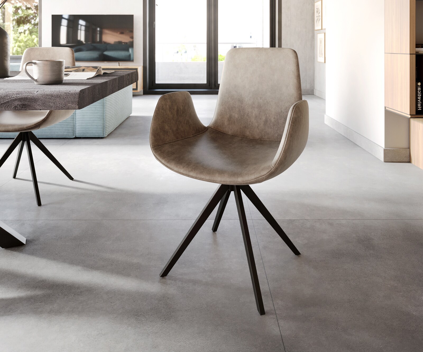 Eetkamerstoel Ilia-Flex met armleuning microvelours taupe vintage kruisframe hoekig zwart
