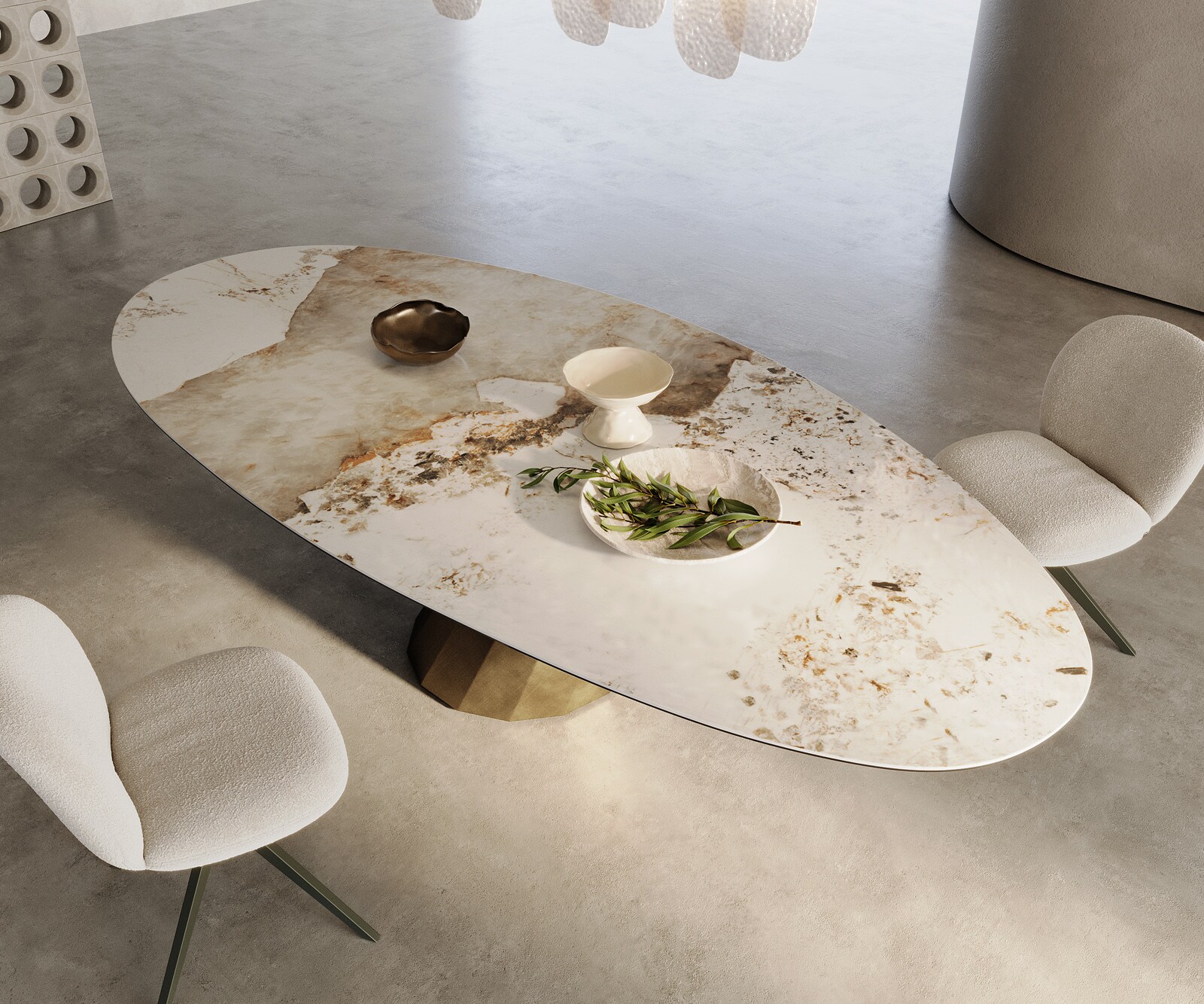 Eettafel Edge Oval 280x130 keramiek  Minas Melange wit-beige  Parabel metaal goud 2