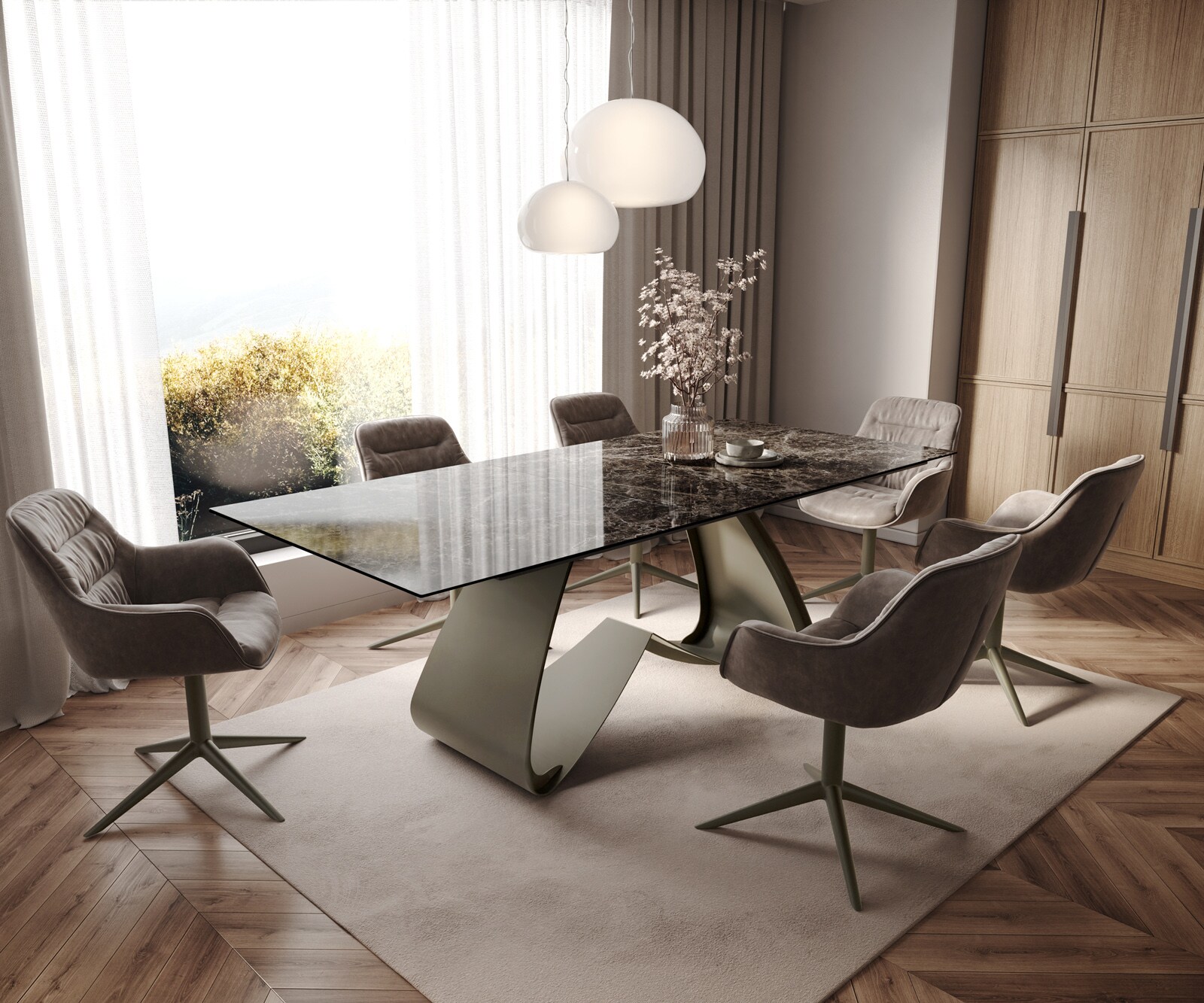 Eettafel Edge Keramiek Emperador Extra Lucidato Donkerbruin 180-220x100 W-onderstel effectafwerking Titanium uitschuifbaar 7