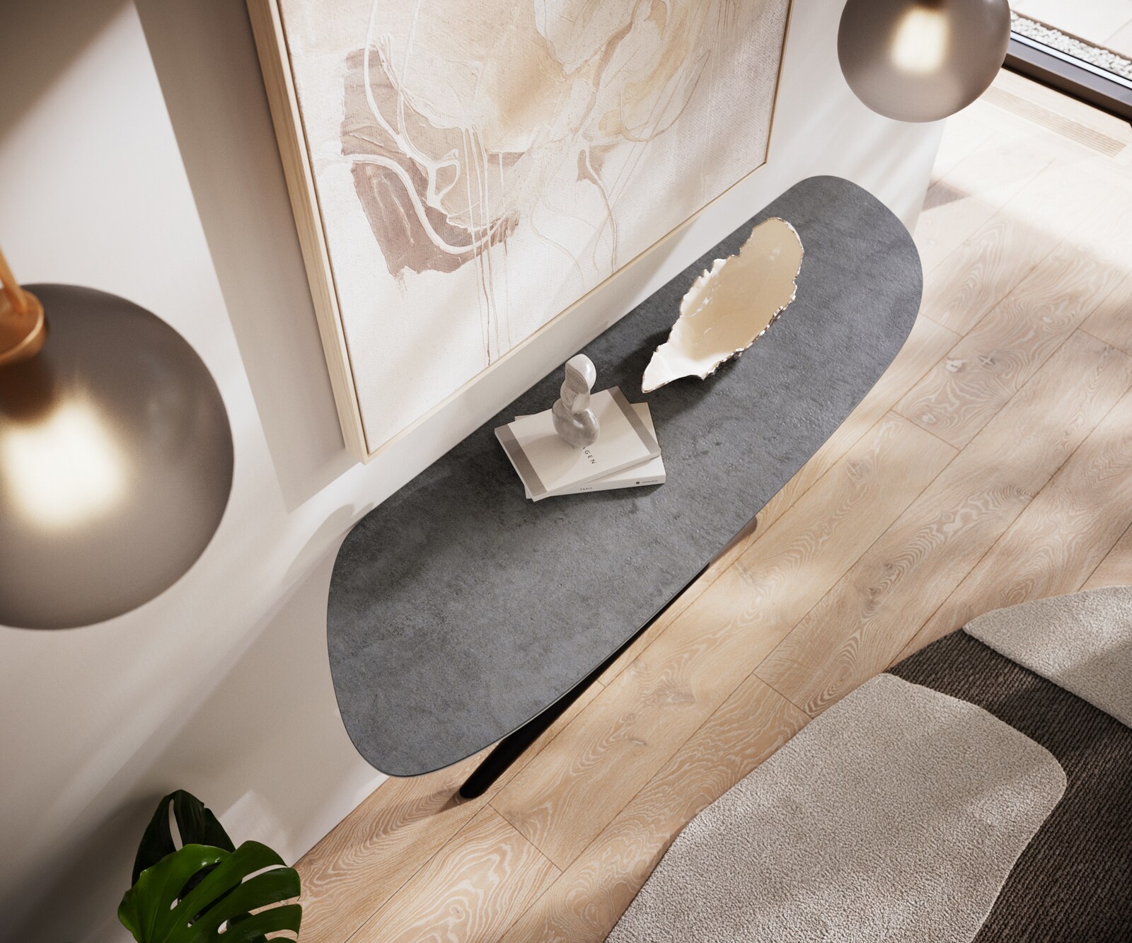 Consoletafel Edge Organisch 140x40 cm Keramiek Beton Grijs Estelo Metaal Zwart 4