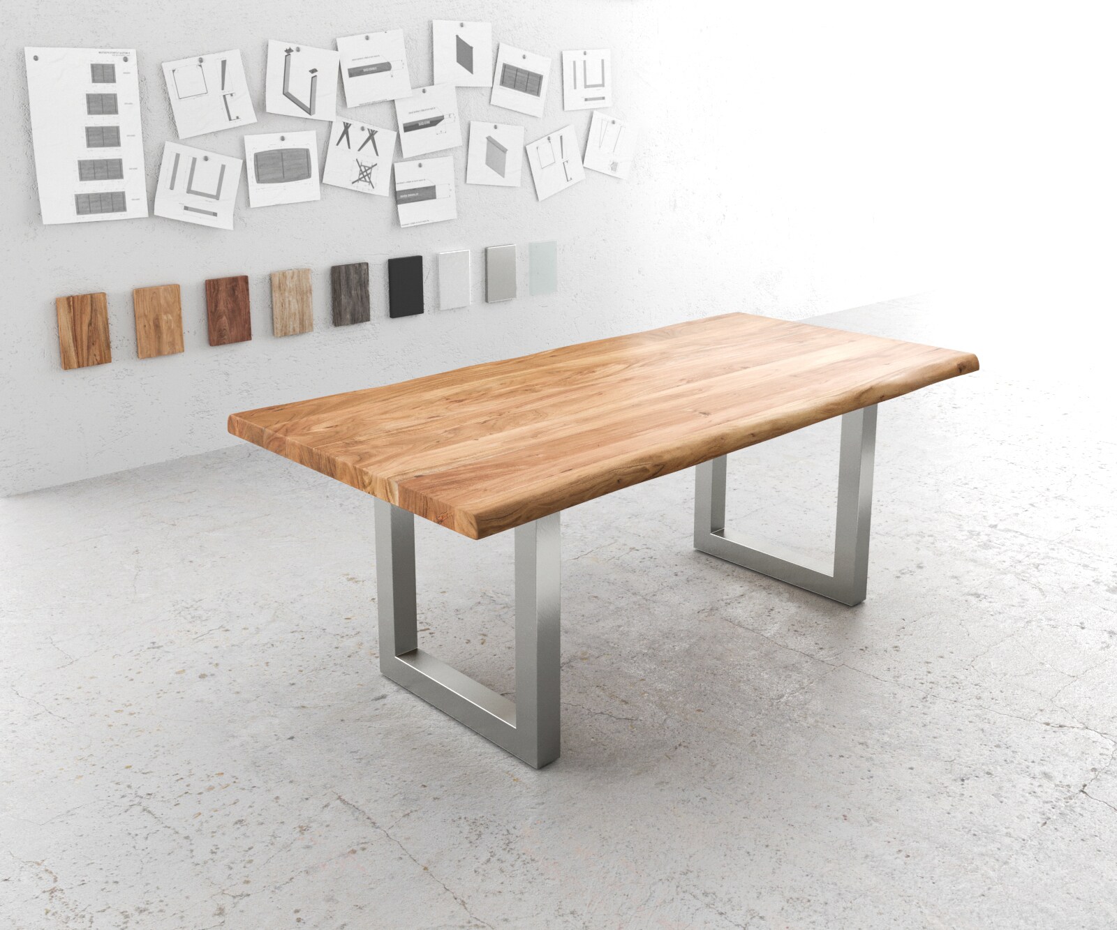 Eettafel Edge 200x100 XL acacia natuur roestvrijstaal breed Live-Edge