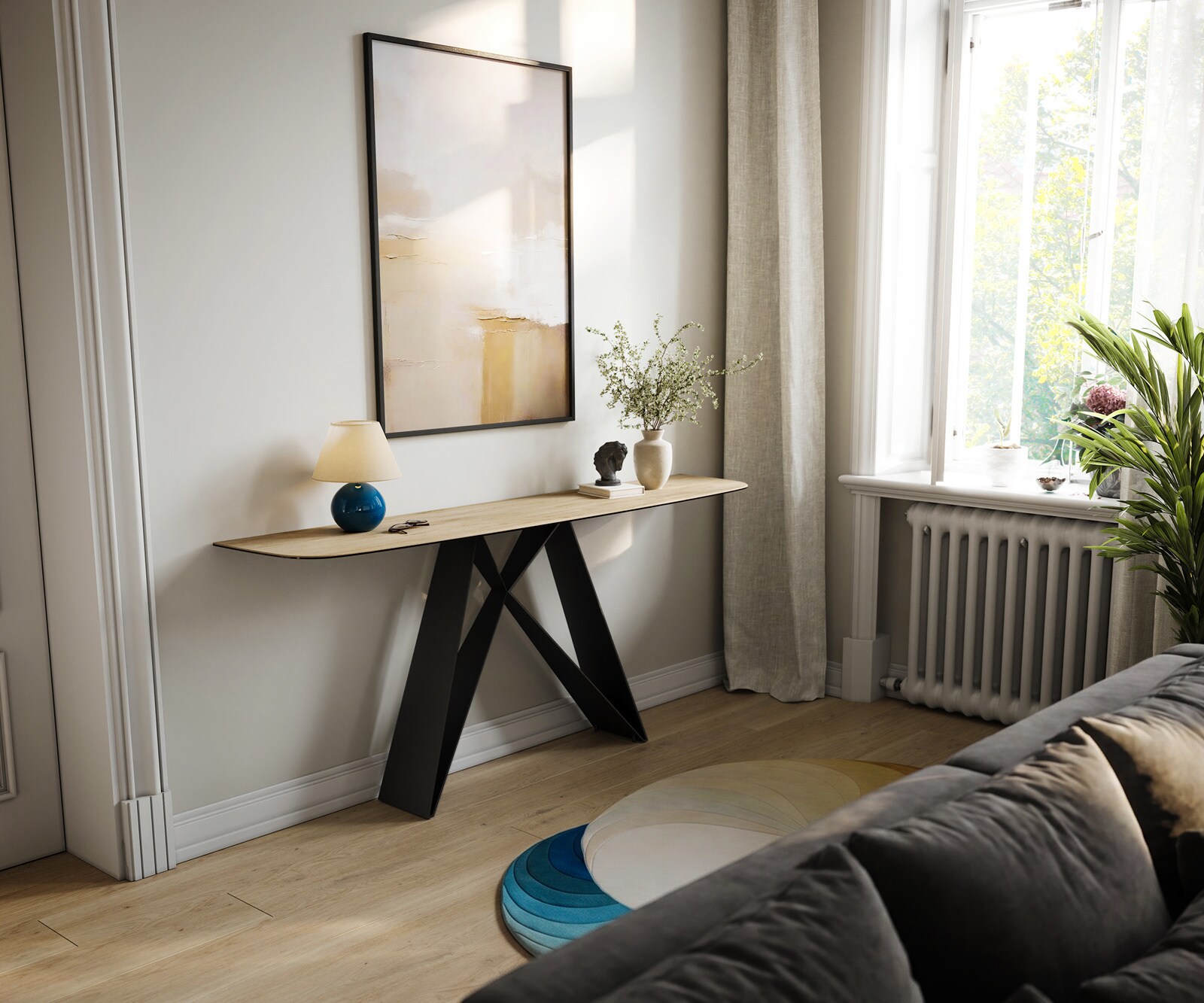 Consoletafel Edge Bootvorm 180x40 cm Keramiek Laminam® Sabbia Eichefarbig Velio Metaal Zwart 7