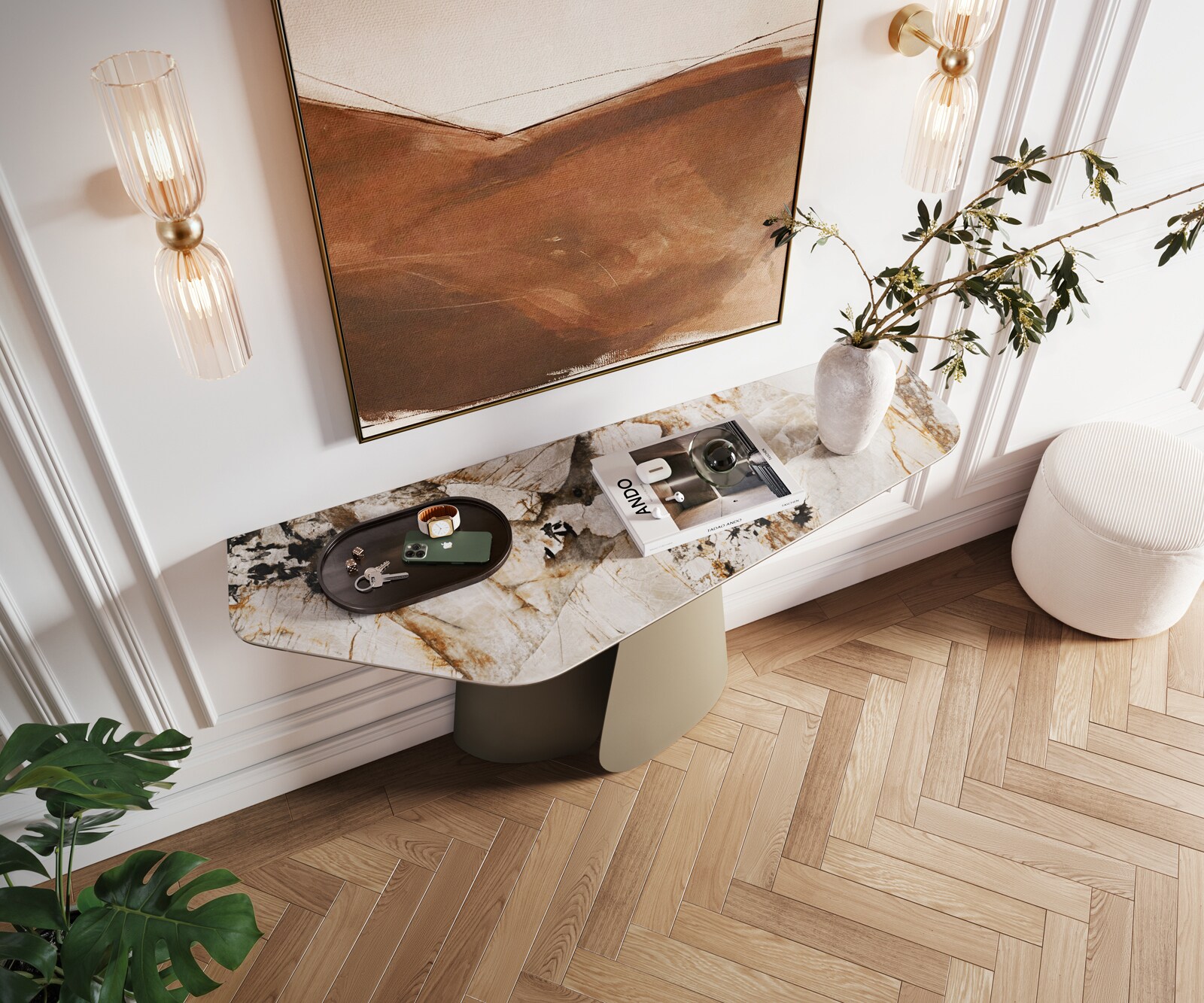 Consoletafel Edge Polygonaal 140x50 cm Keramiek Patagonia Poliert Livos Metaal Effektfinish Titan 2