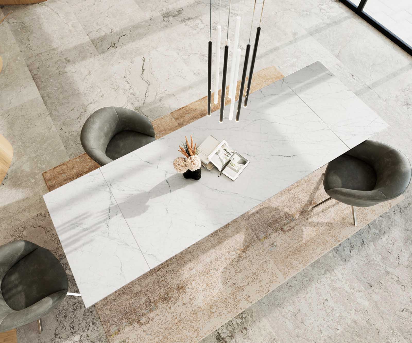 Eetkamertafel Edge 200-300x100 keramiek Laminam®Statuarietto Weiß Wave RVS uitschuifbaar 3
