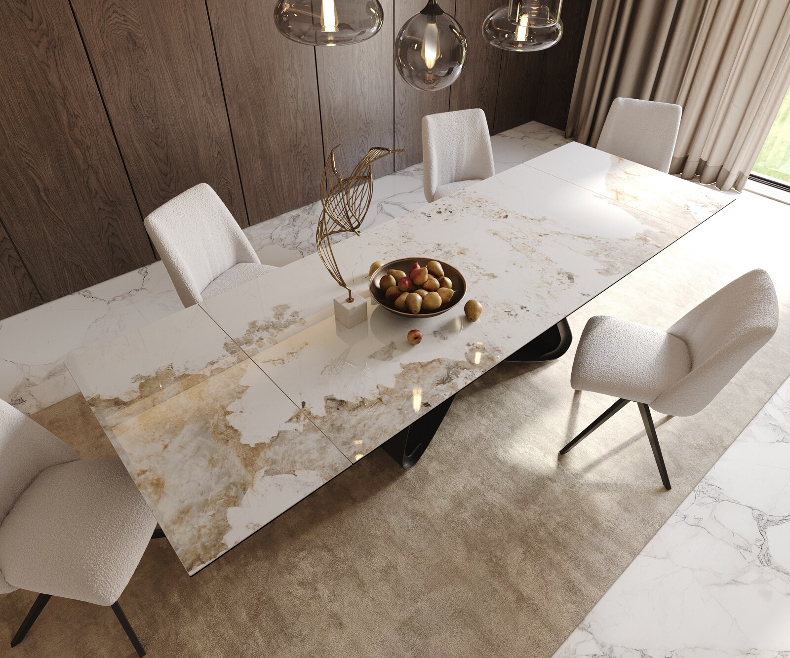Eetkamertafel Edge 200-300x100 keramiek Minas Melange wit-beige W-frame zwart uitschuifbaar 5