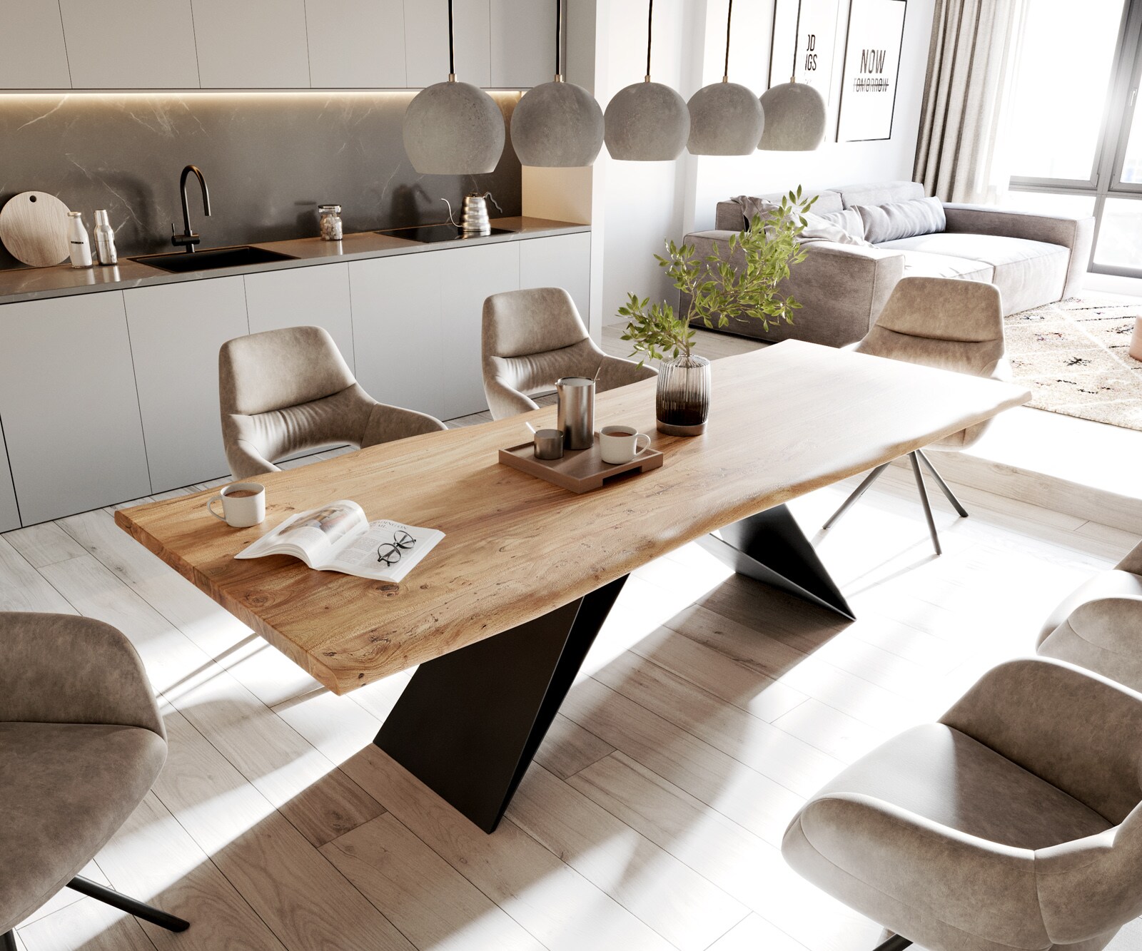 Eettafel Edge 260x100 acacia natuur V-frame vlakstaal zwart Live-Edge 1