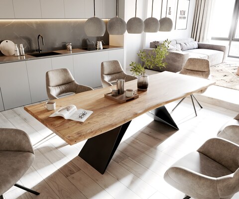 Eettafel Edge 260x100 acacia natuur V-frame vlakstaal zwart Live-Edge
