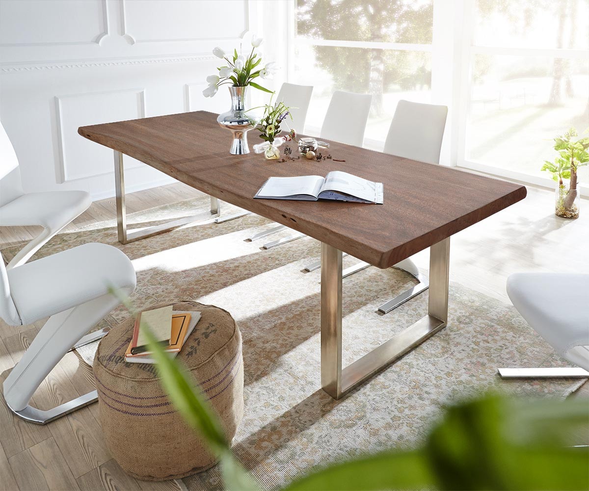 Eettafel Edge 300x100 XL acacia bruin roestvrijstaal smal Live-Edge Eettafel Edge 300x100 XL acacia bruin roestvrijstaal smal Live-Edge