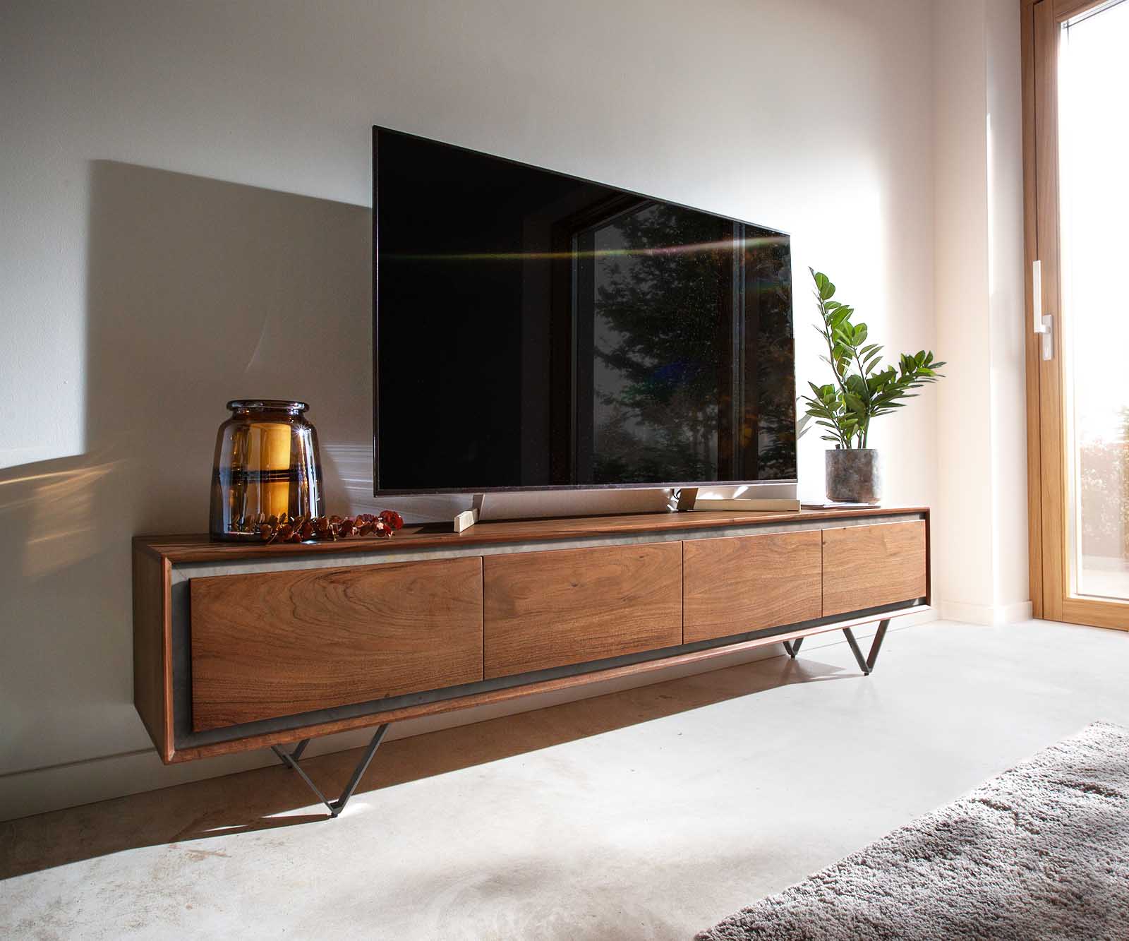 Tv-meubel Stonegrace 200 cm acacia bruin steenfineer 4 deuren V-poot zwart
