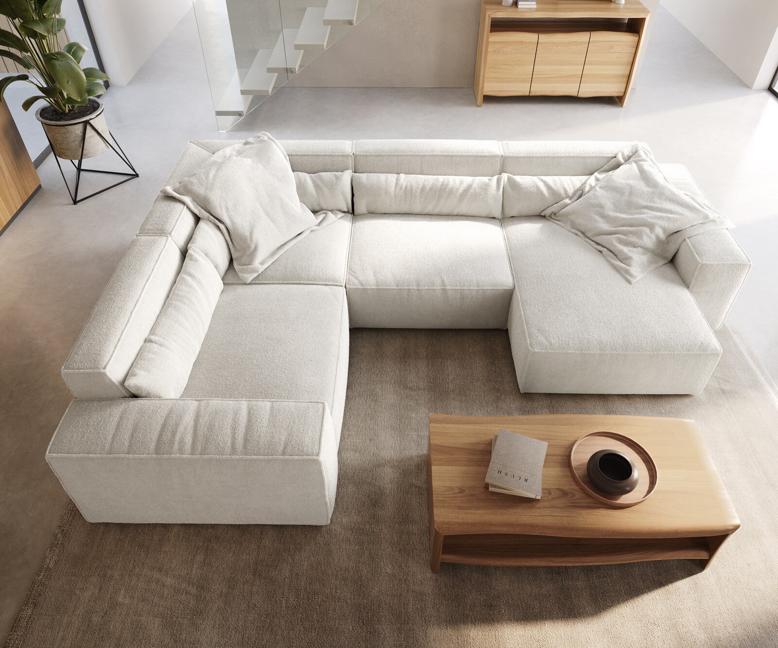 Woonkamer landschap Sirpio 300x210 cm bouclee crème-wit recamiere variabele 4