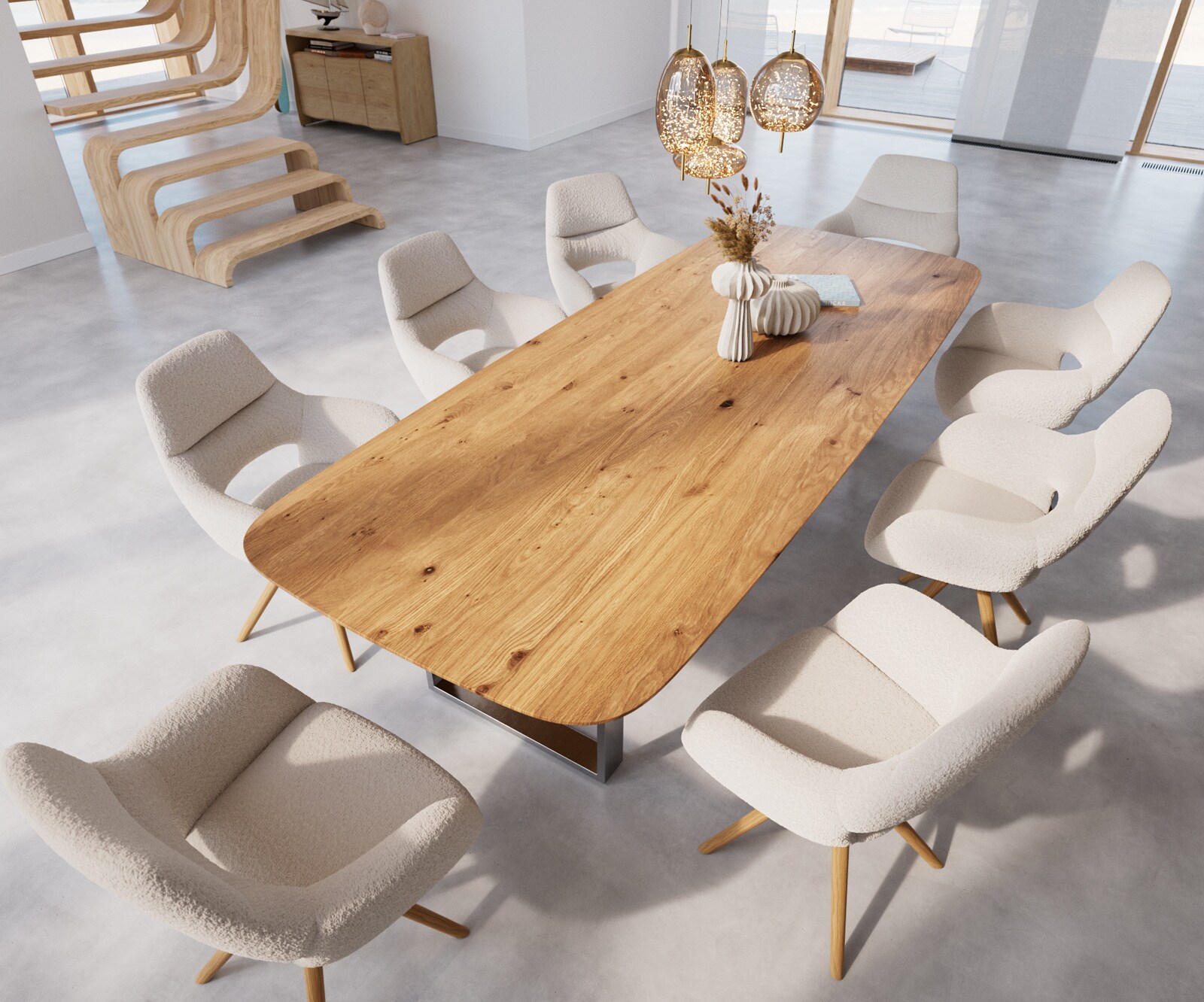 Eettafel Edge Boot 300x120x2,5-3 eiken natuur roestvrij staal  smal  Schweizer Kante 4