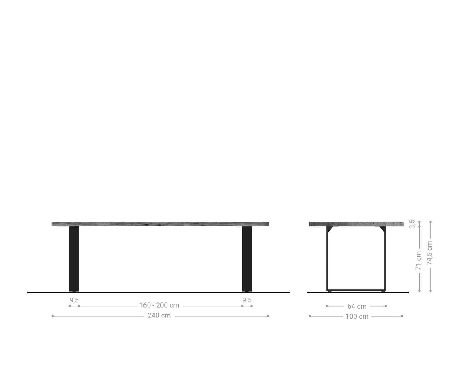 Eettafel Edge 240x100cm acacia natuur roestvrijstaal smal Live-Edge 7