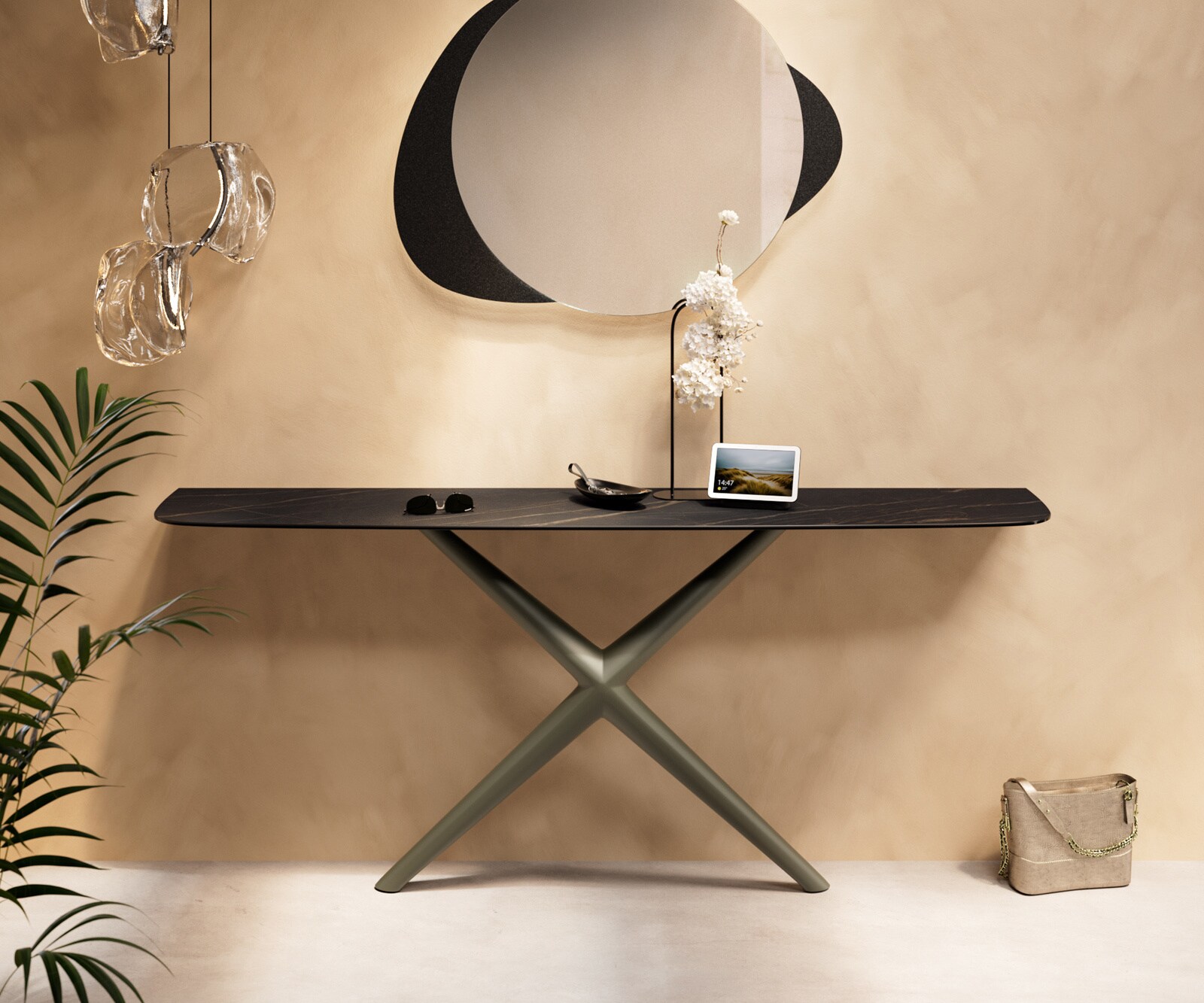 Consoletafel Edge Bootvorm 180x40 cm Keramiek Laminam® Noir Desir Braun Estelo Metaal Effektfinish Titan 1