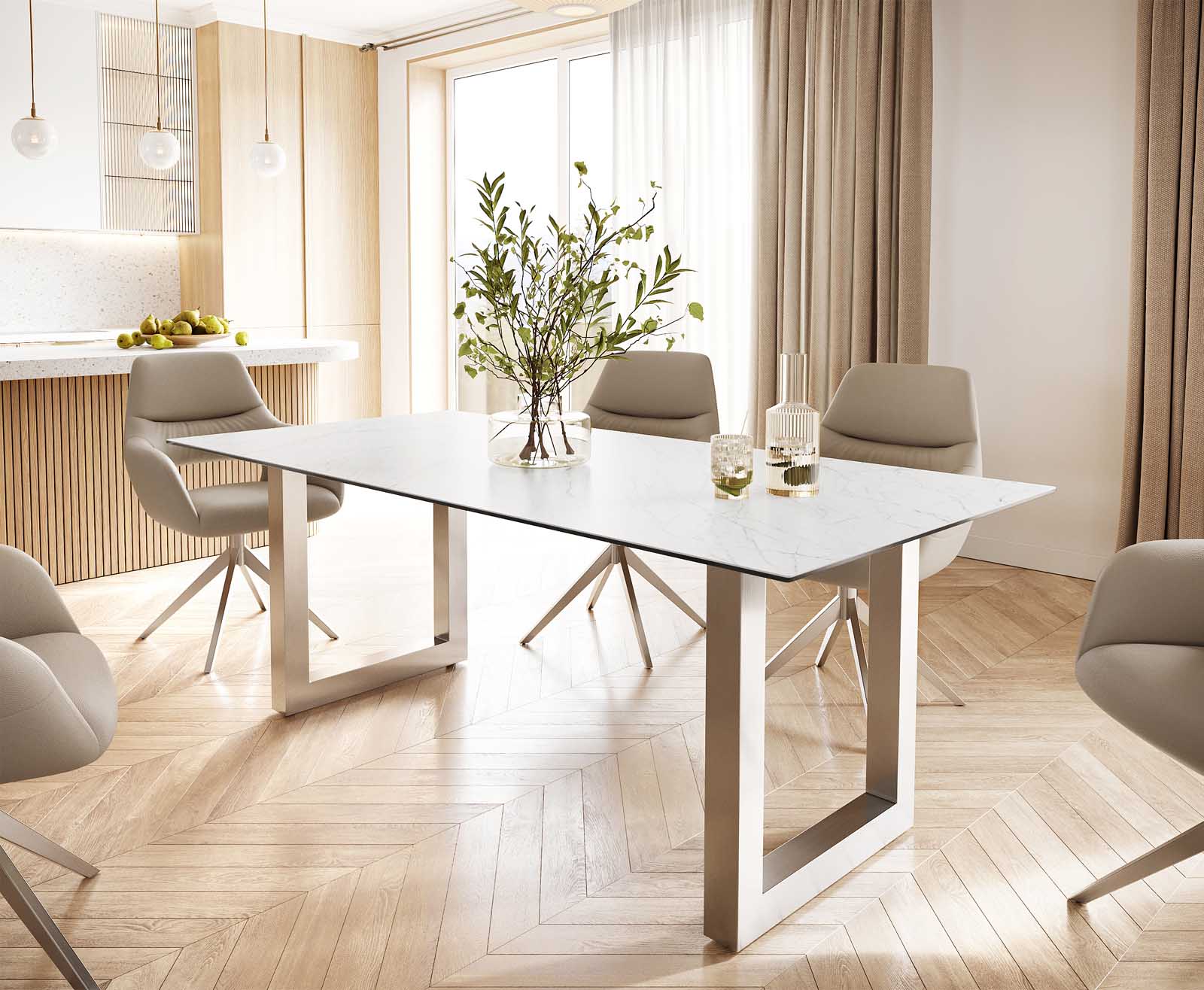 Eettafel Edge 200x100 keramiek Laminam® Statuarietto wit roestvrij staal breed