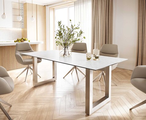 Eettafel Edge 200x100 keramiek Laminam® Statuarietto wit roestvrij staal breed