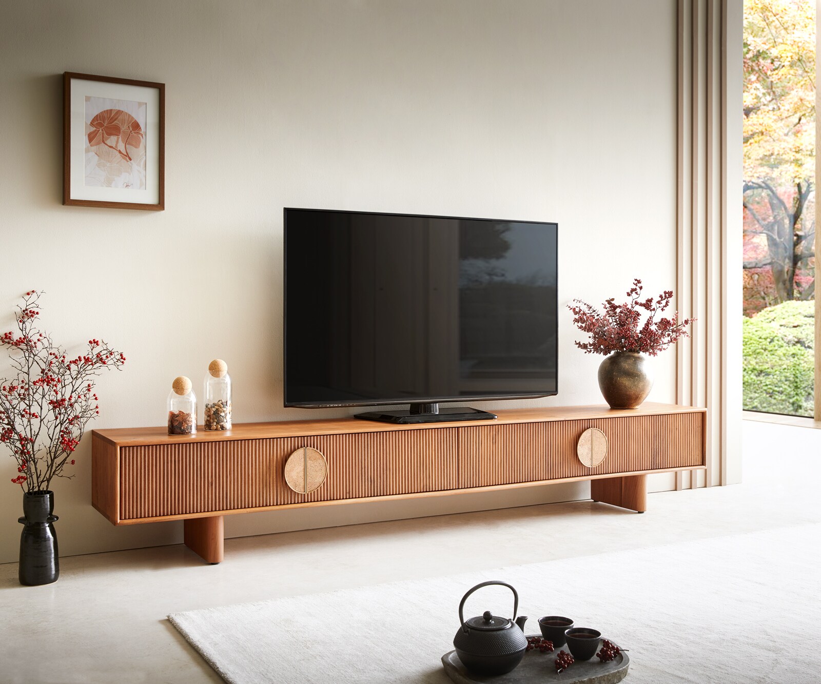 Tv-meubel Surimu 240 cm acacia lichtbruin 4 deurs kurkgreep houten pootjes