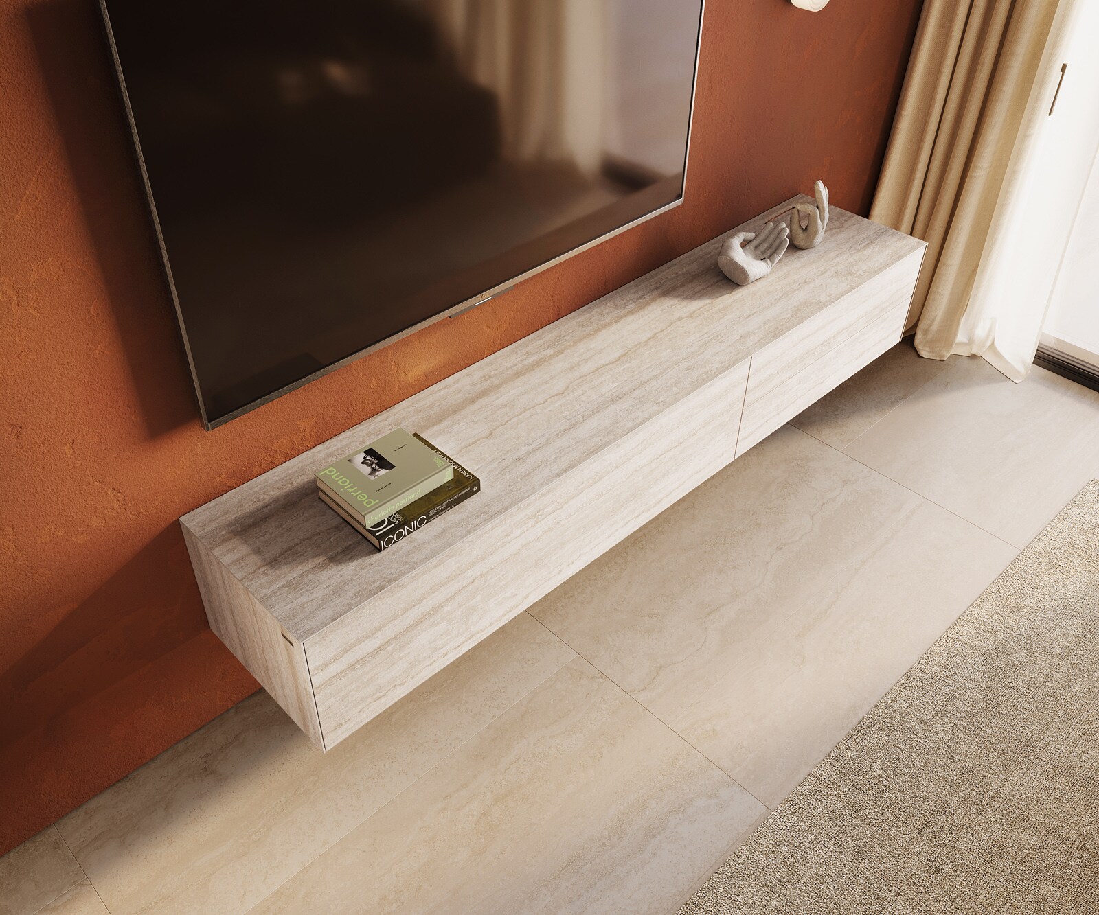Tv-meubel Cuor 220 cm Keramiek Laminam® Travertino Bianco Crème-wit 1 Flap 2 Laden Zwevend 3