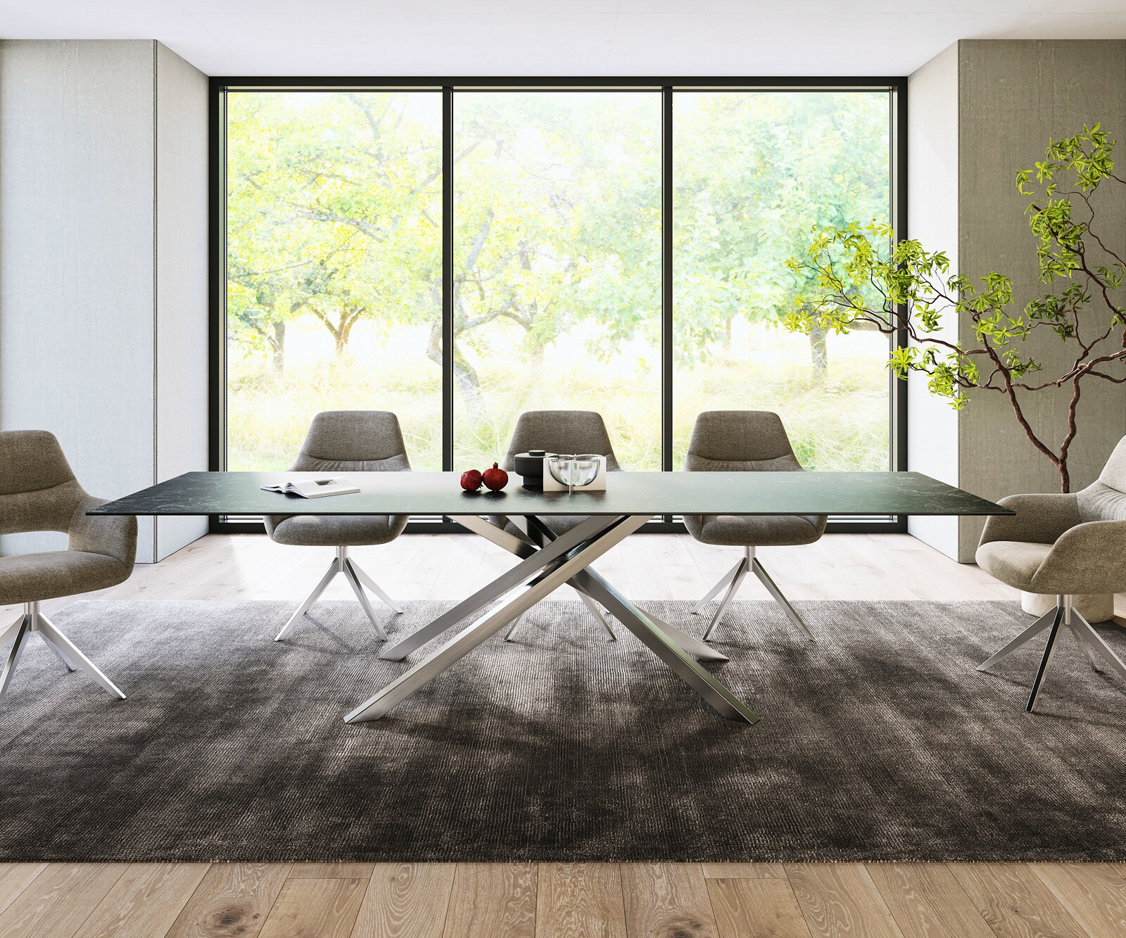 Eettafel Edge 300x100cm Laminam® keramiek grijs middenpoot kruis zilver 1 Eettafel Edge 300x100cm Laminam® keramiek grijs middenpoot kruis zilver 1