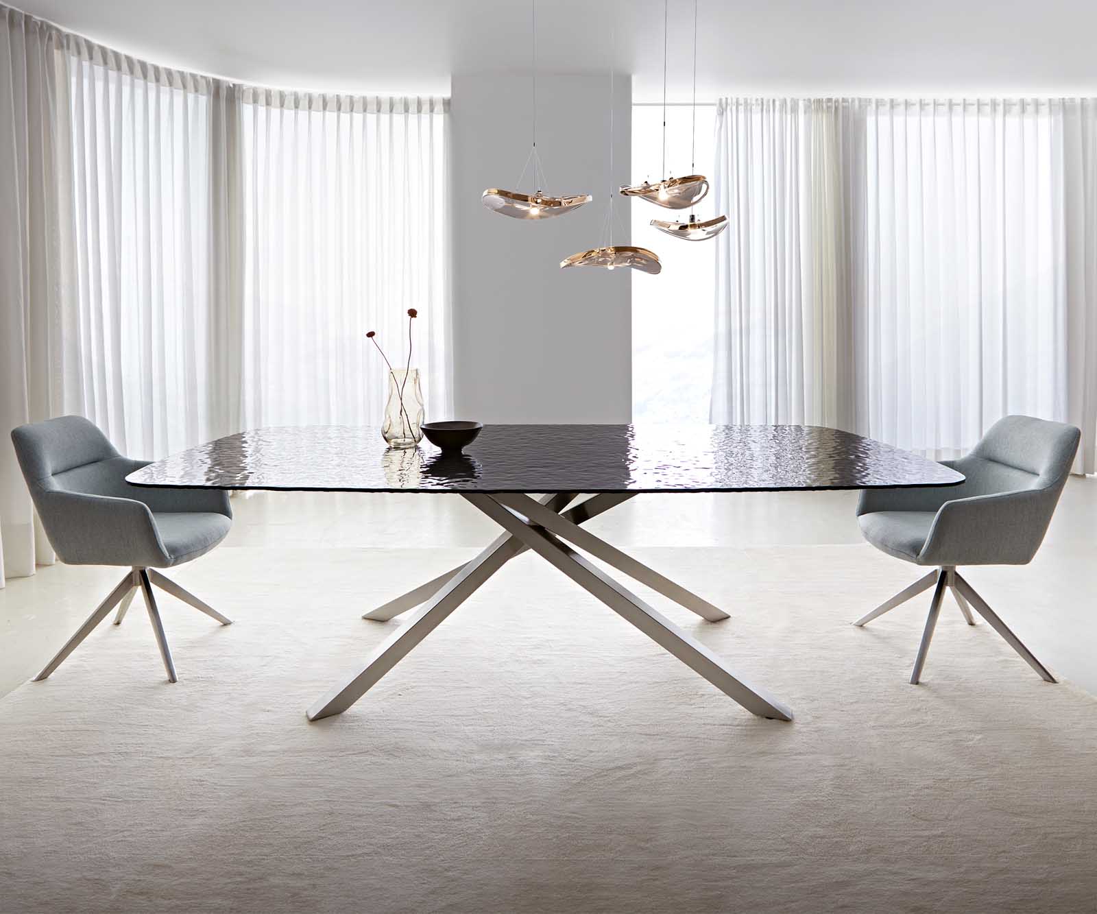 Eetkamertafel Edge Boot 240x120 Glas smelten rokerig zwart 3D-Relief kruisframe rechthoek RVS 1