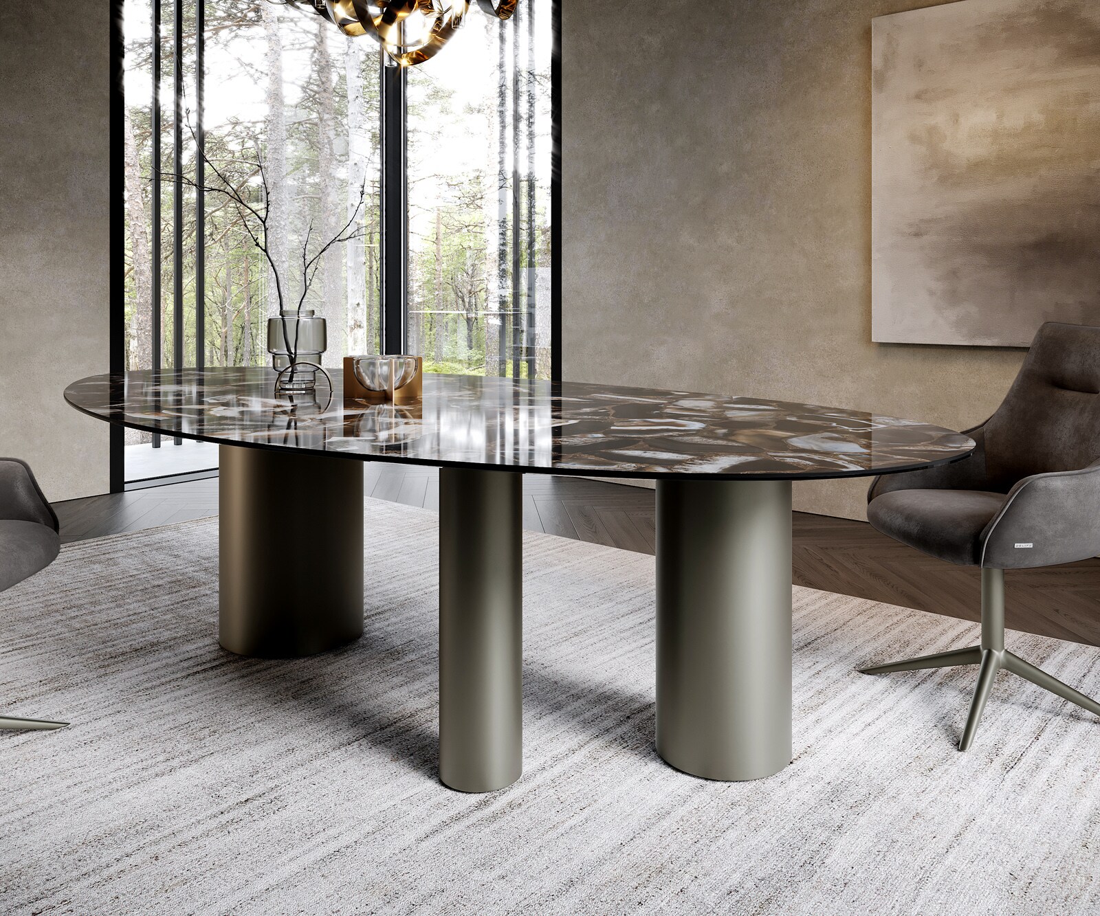 Eettafel Edge Oval 280x130 keramiek Iris FMG Agatablack Troa metaaleffect afwerking titanium 6