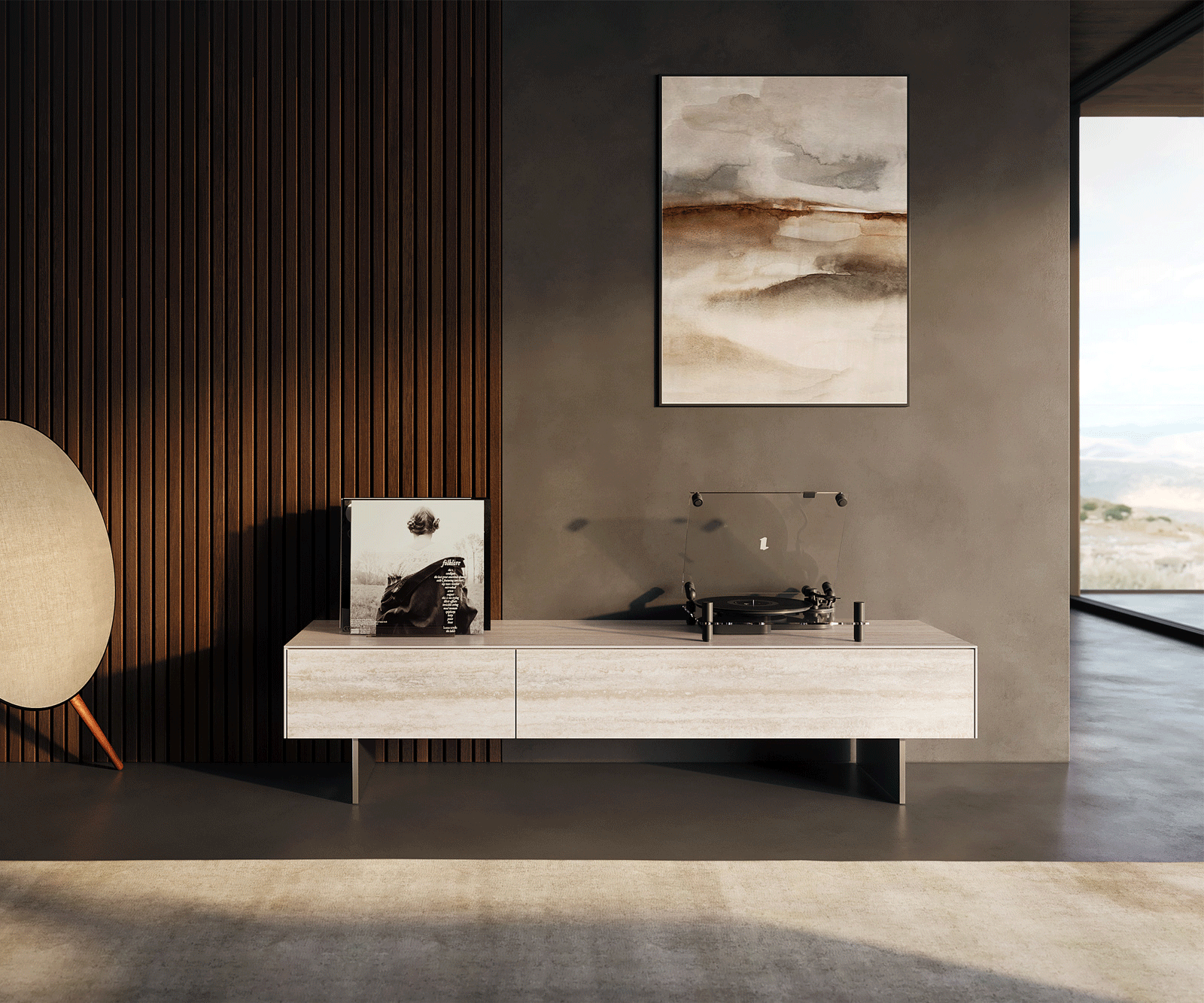 Tv-meubel Cuor 150 cm Keramiek Laminam® Travertino Bianco Crème-wit 1 Flap 1 Lade Zwevende voet look Roestvrij staal 1