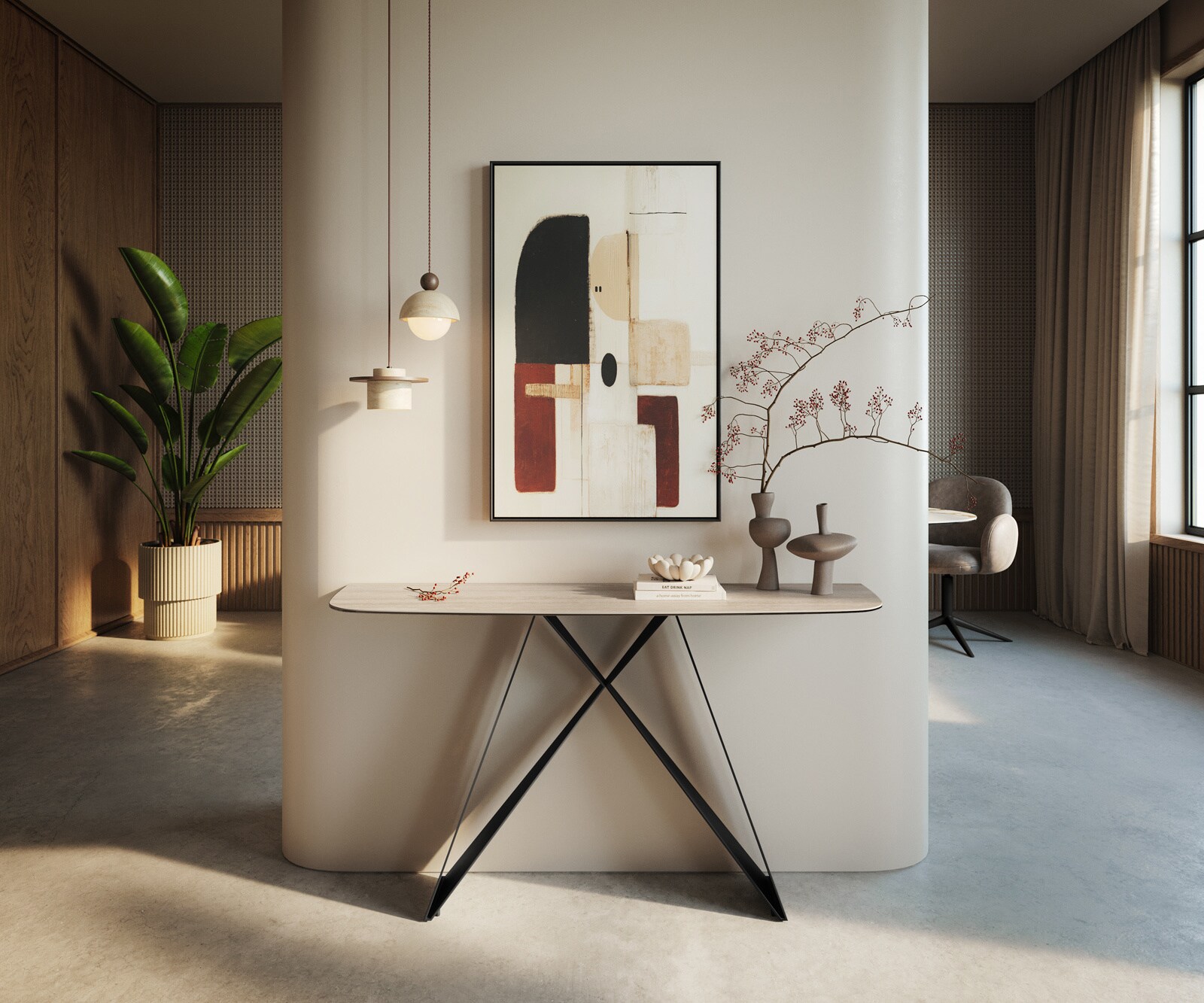 Consoletafel Edge Bootvorm 140x40 cm Keramiek Laminam® Travertino Bianco Creme-Weiß Velio Metaal Zwart 4