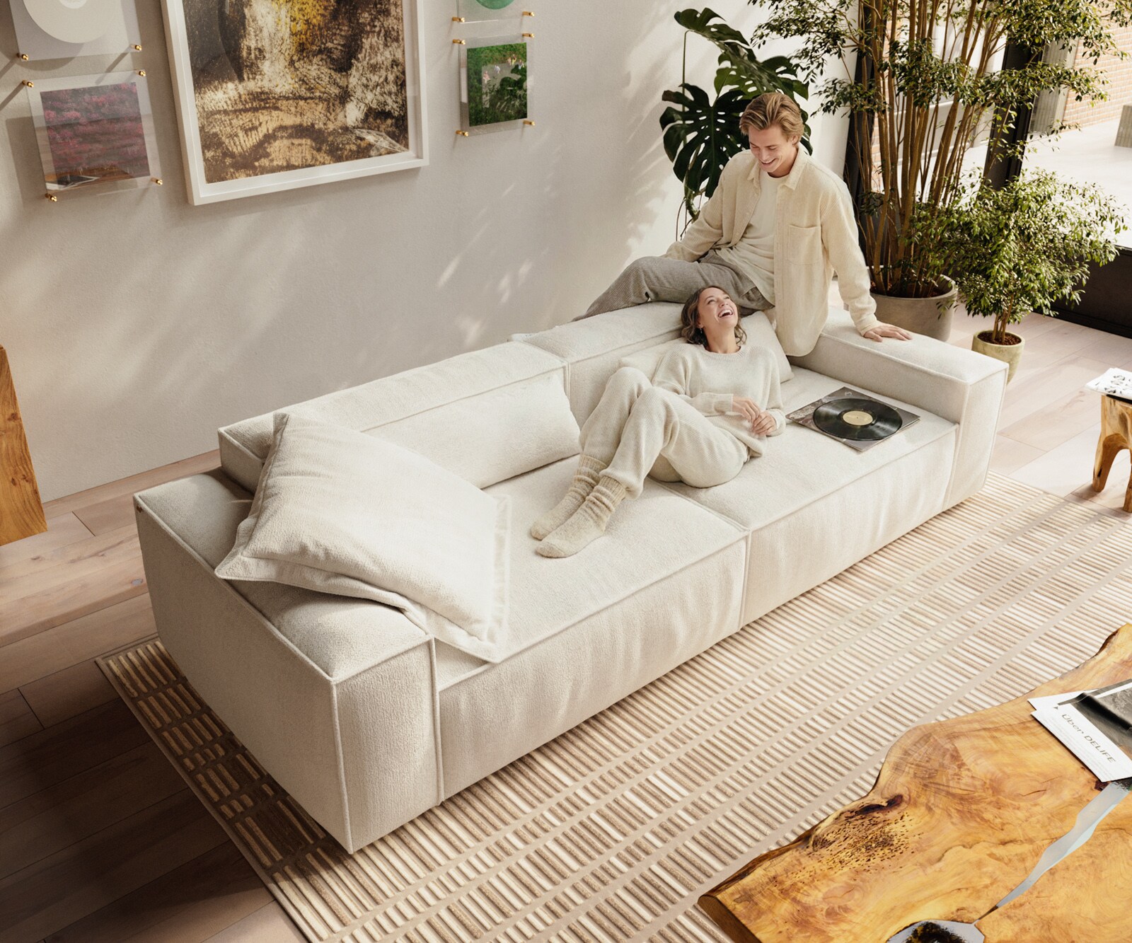 Grote bank Freestyle Cozy 280x110 cm Bouclé zacht beige