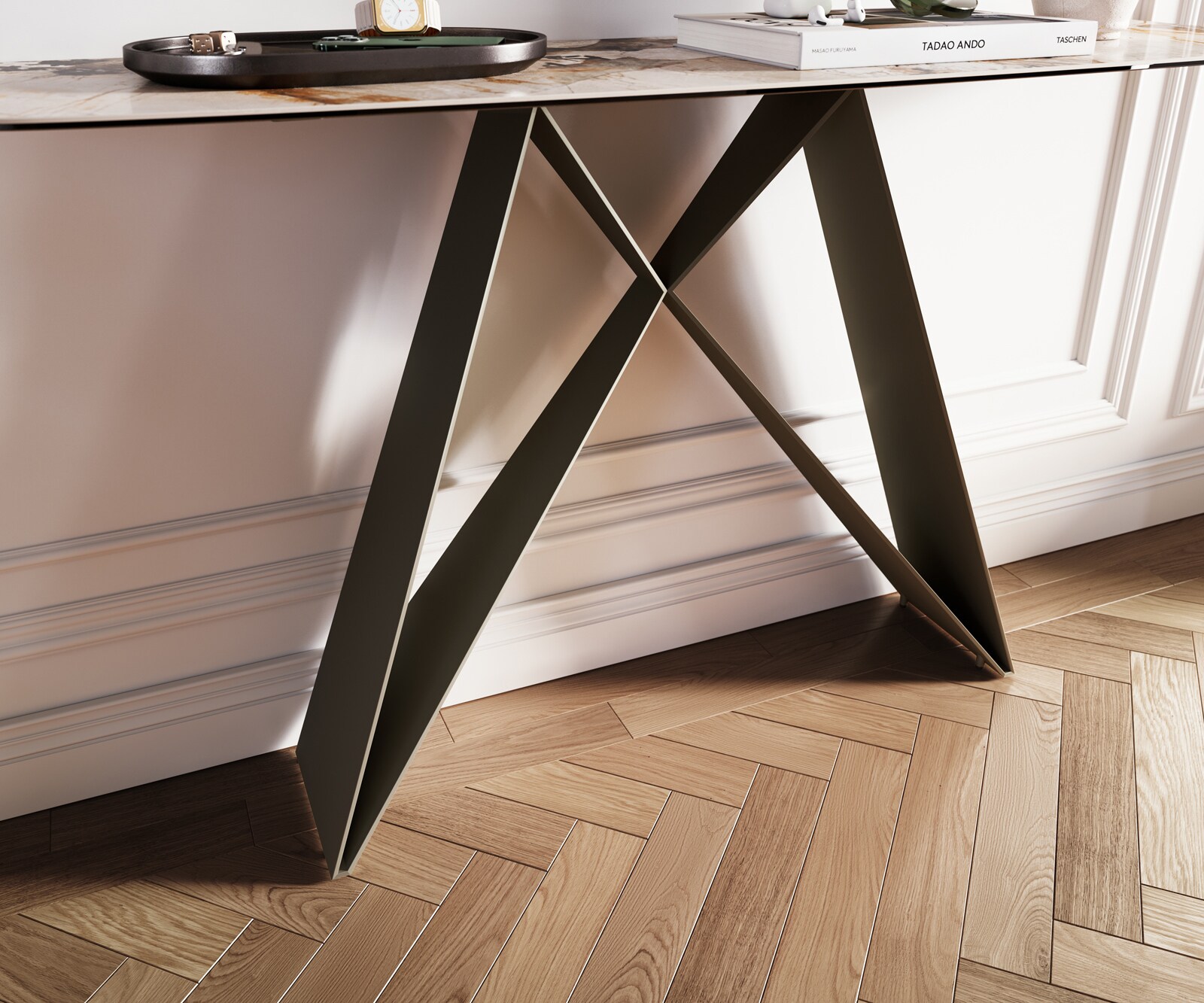 Consoletafel Edge Bootvorm 140x40 cm Keramiek Patagonia Poliert Velio Metaal Effektfinish Titan 6