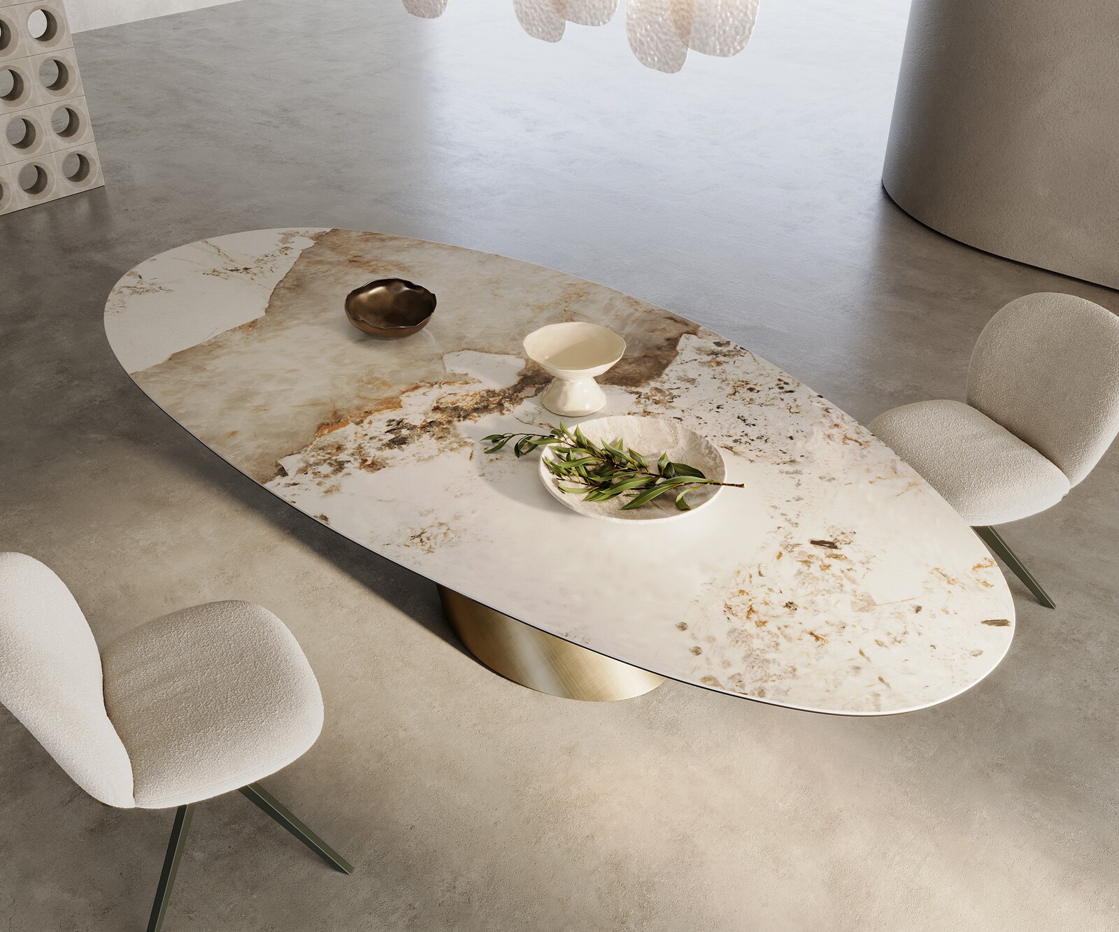 Eettafel Edge Oval 280x130 keramiek  Minas Melange wit-beige  Cono metaal goud 2