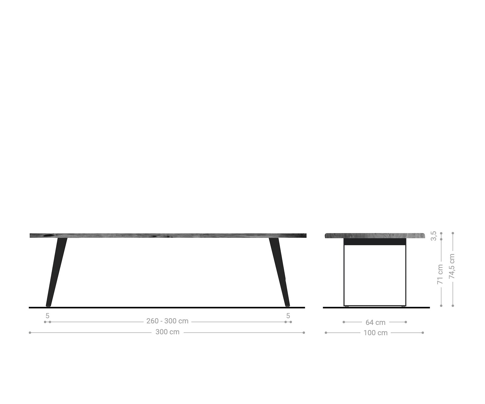 Eettafel Edge 300x100cm acacia bruin roestvrijstaal zilver schuin Live-Edge 5