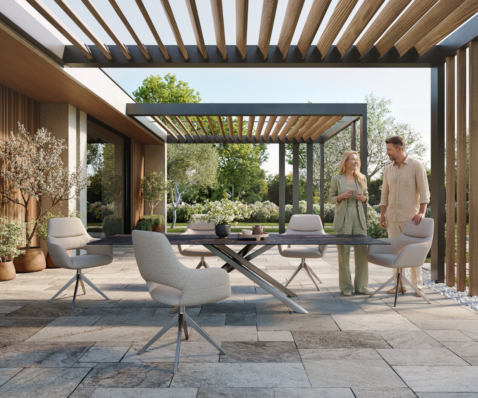 Outdoortafel Edge 300x100 cm keramiek Laminam® Nero Greco antraciet kruispoot rechthoekig roestvrij staal 1