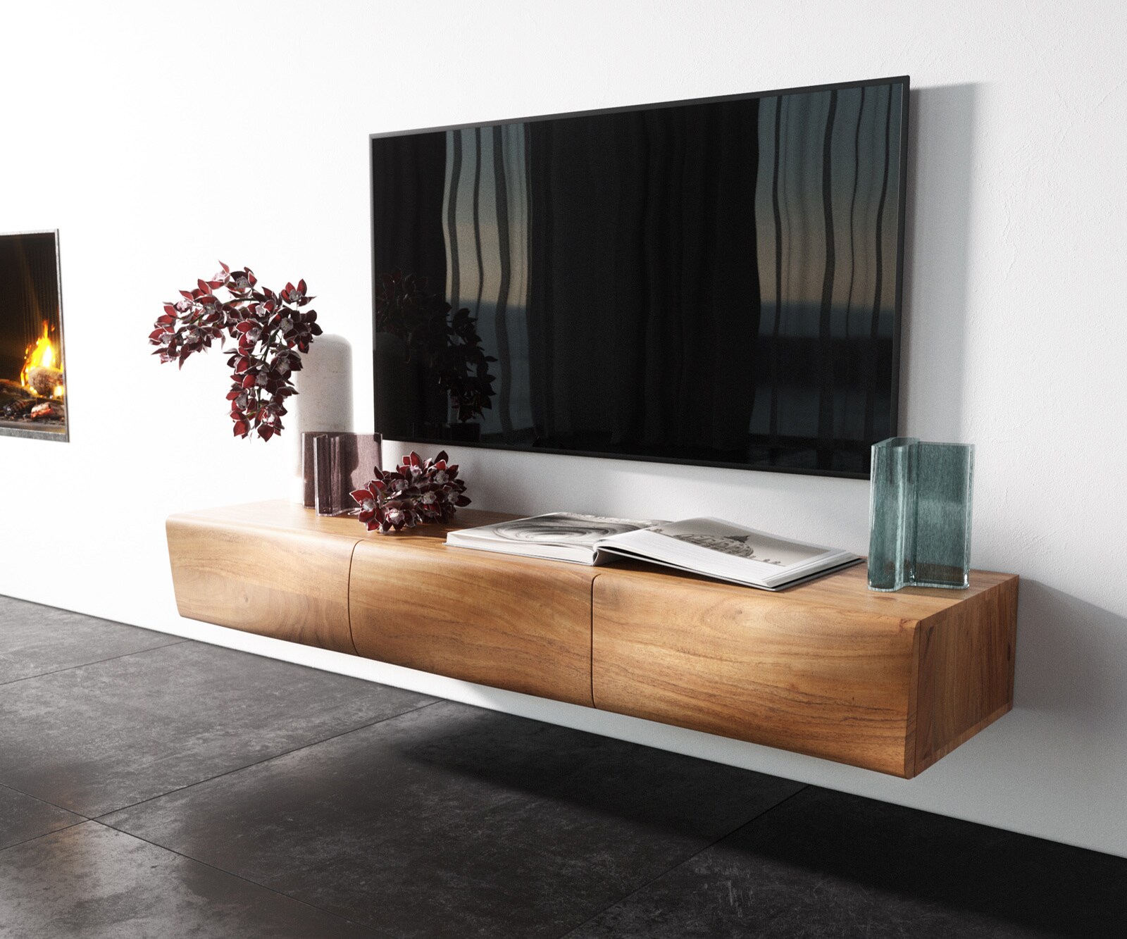 Tv-meubel New Live-Edge 145 cm acacia natuur 3 deurs zwevend
