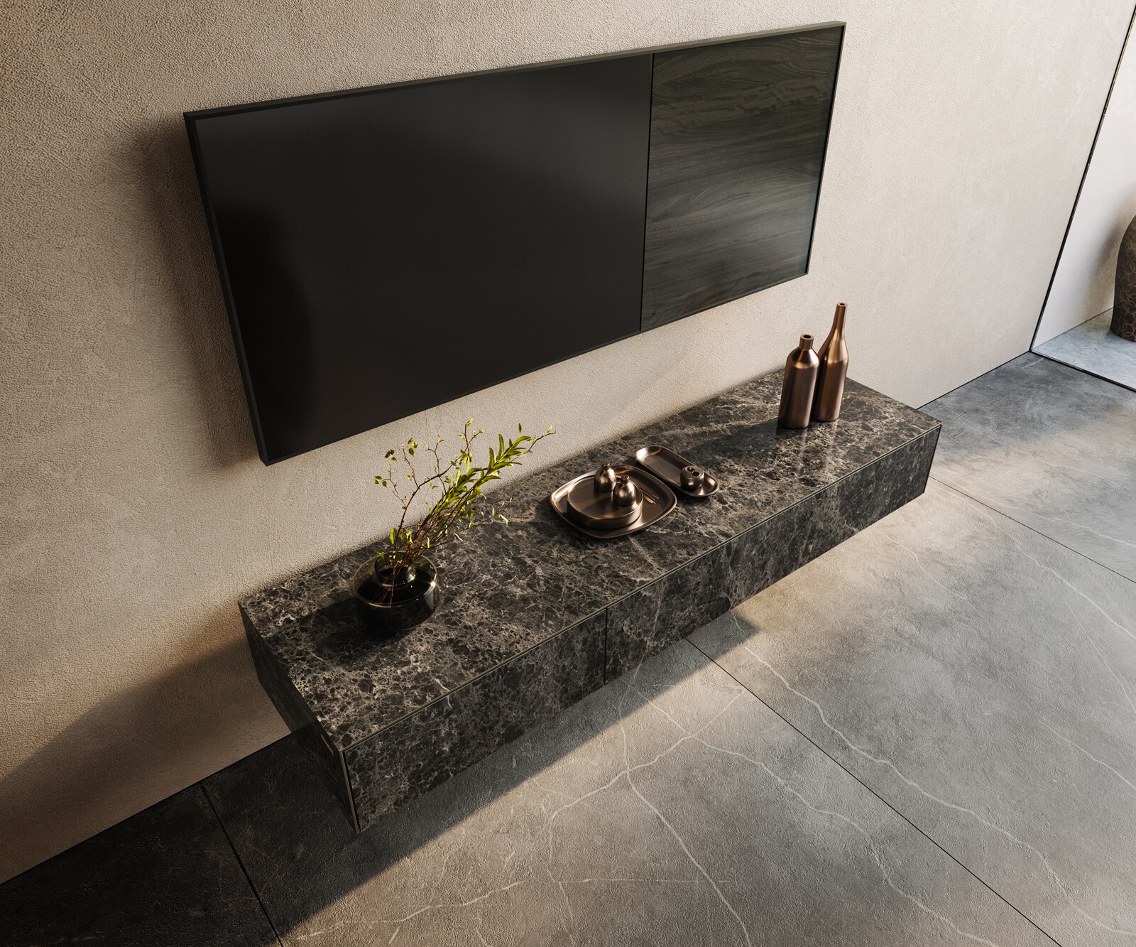 Tv-meubel Cuor 150 cm Keramiek Laminam® Emperador Extra Lucidato Donkerbruin 1 Flap 1 Lade Zwevend 3