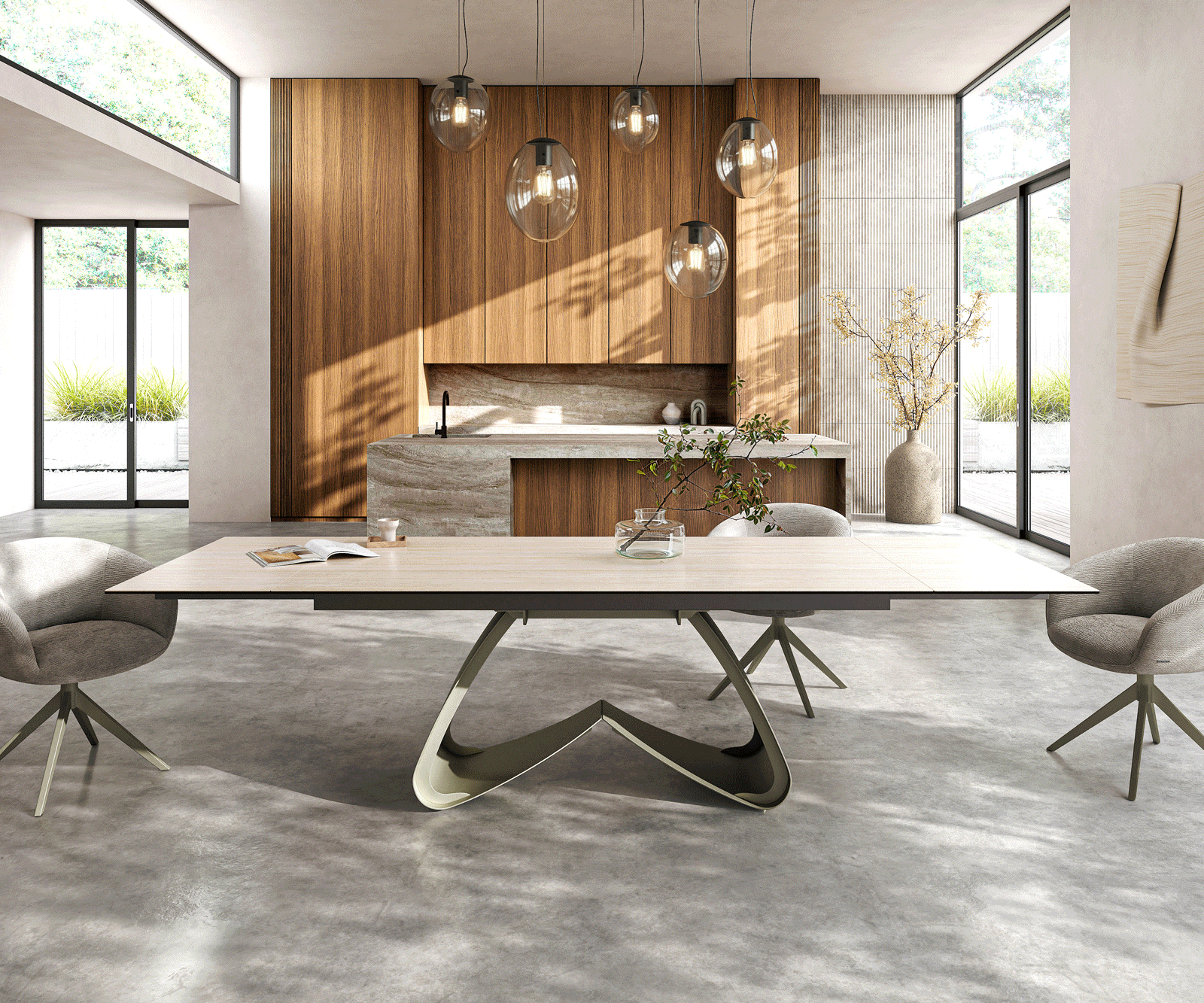 Eettafel Edge 200-300x100 keramiek  Laminam® Travertino Bianco Creme-wit W-frame effectafwerking Titan uitrekbaar 1