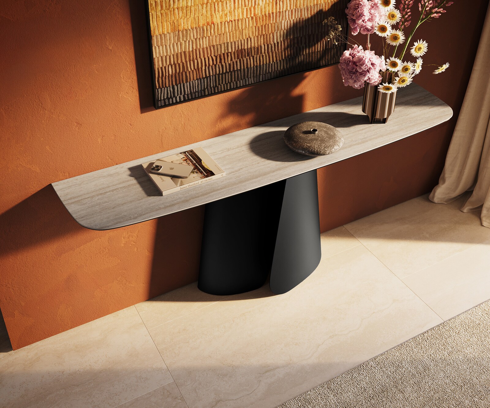 Consoletafel Edge Bootvorm 180x40 cm Keramiek Laminam® Travertino Bianco Creme-Weiß Livos Metaal Zwart 4