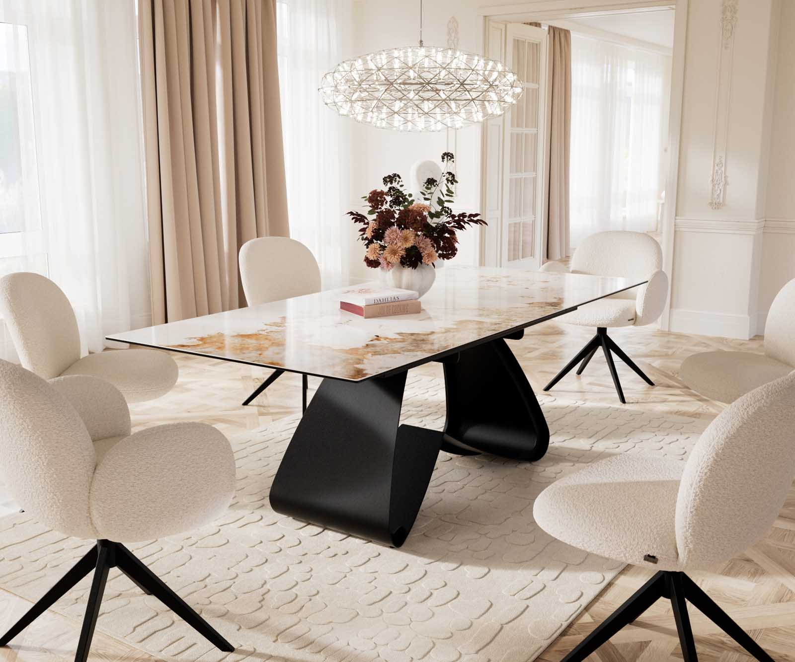 Eetkamertafel Edge 180-220x100 keramiek Minas Melange wit-beige W-frame zwart uitschuifbaar 9